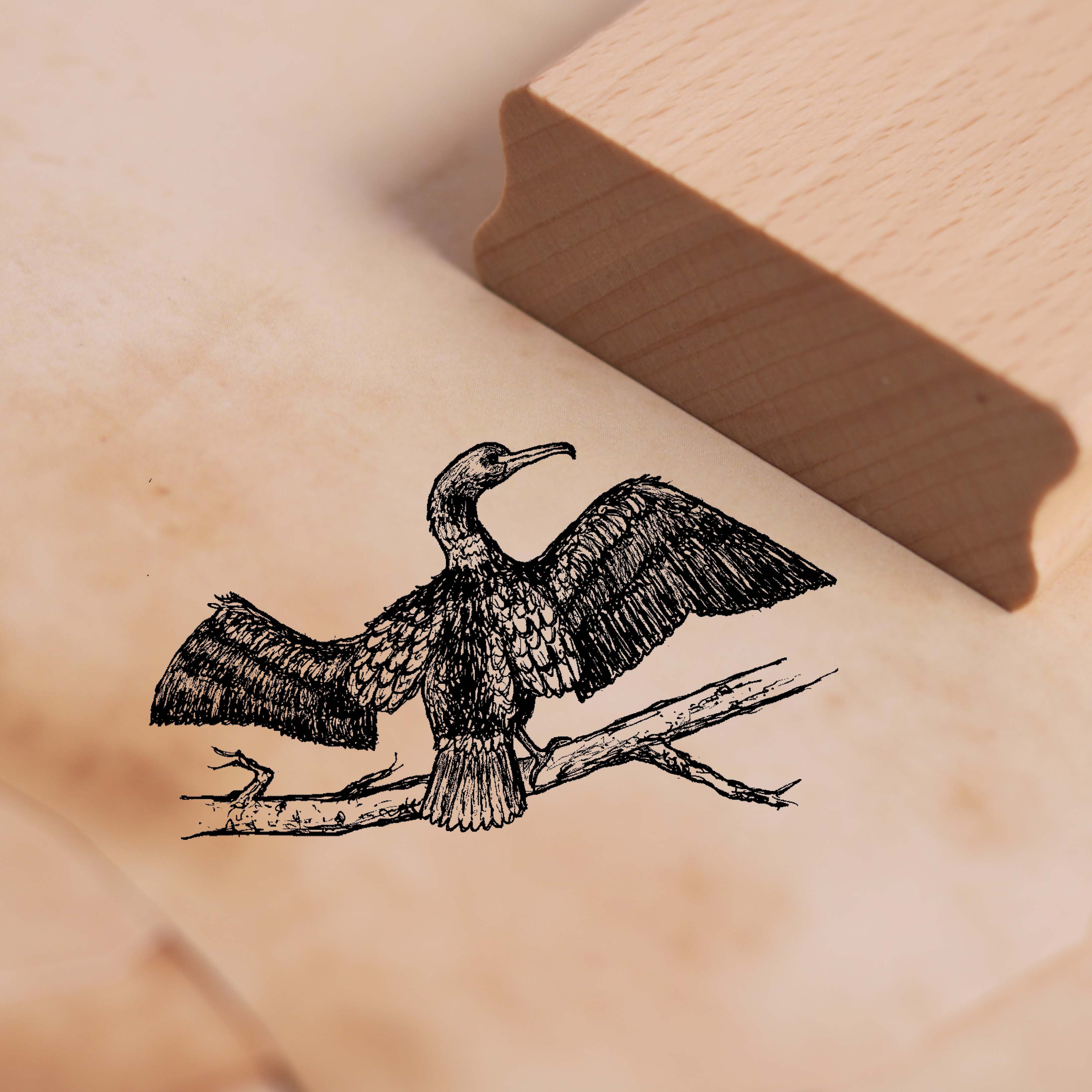 Motivstempel Kormoran auf Ast - Stempel Holzstempel 48 x 28 mm