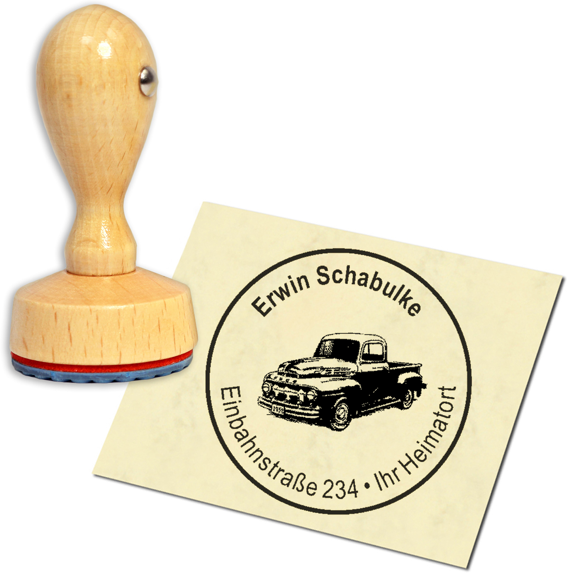 Stempel Adressstempel Holzstempel - Pickup - rund 40mm