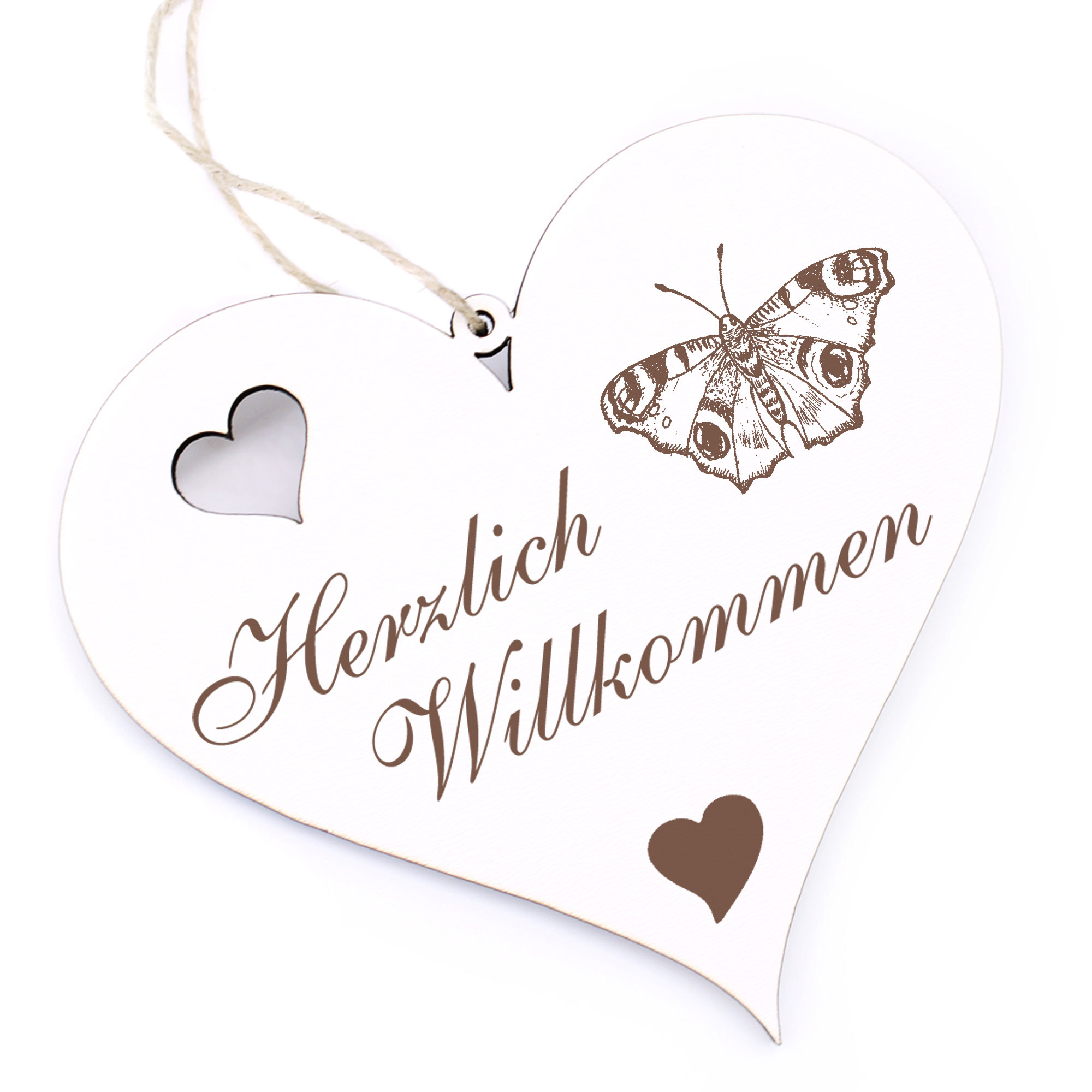 Herzlich Willkommen Schild - Schmetterling Pfauennauge - Deko Herz Holz
