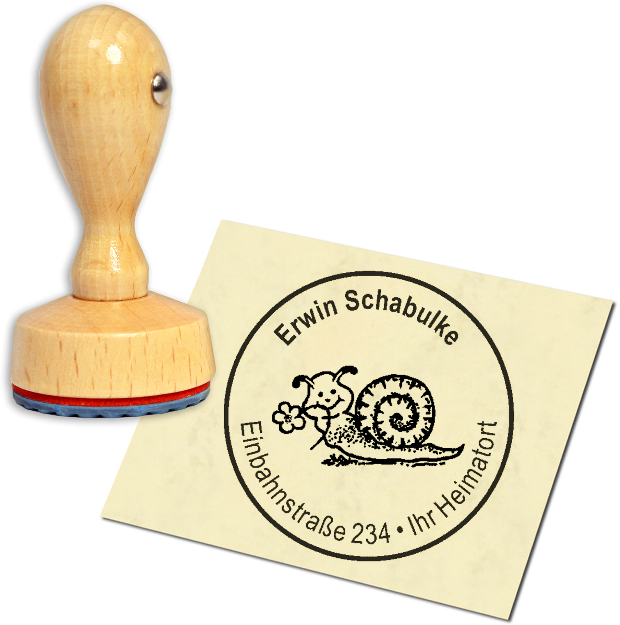 Stempel Adressstempel Holzstempel - Schnecke mit Blume - rund 40mm