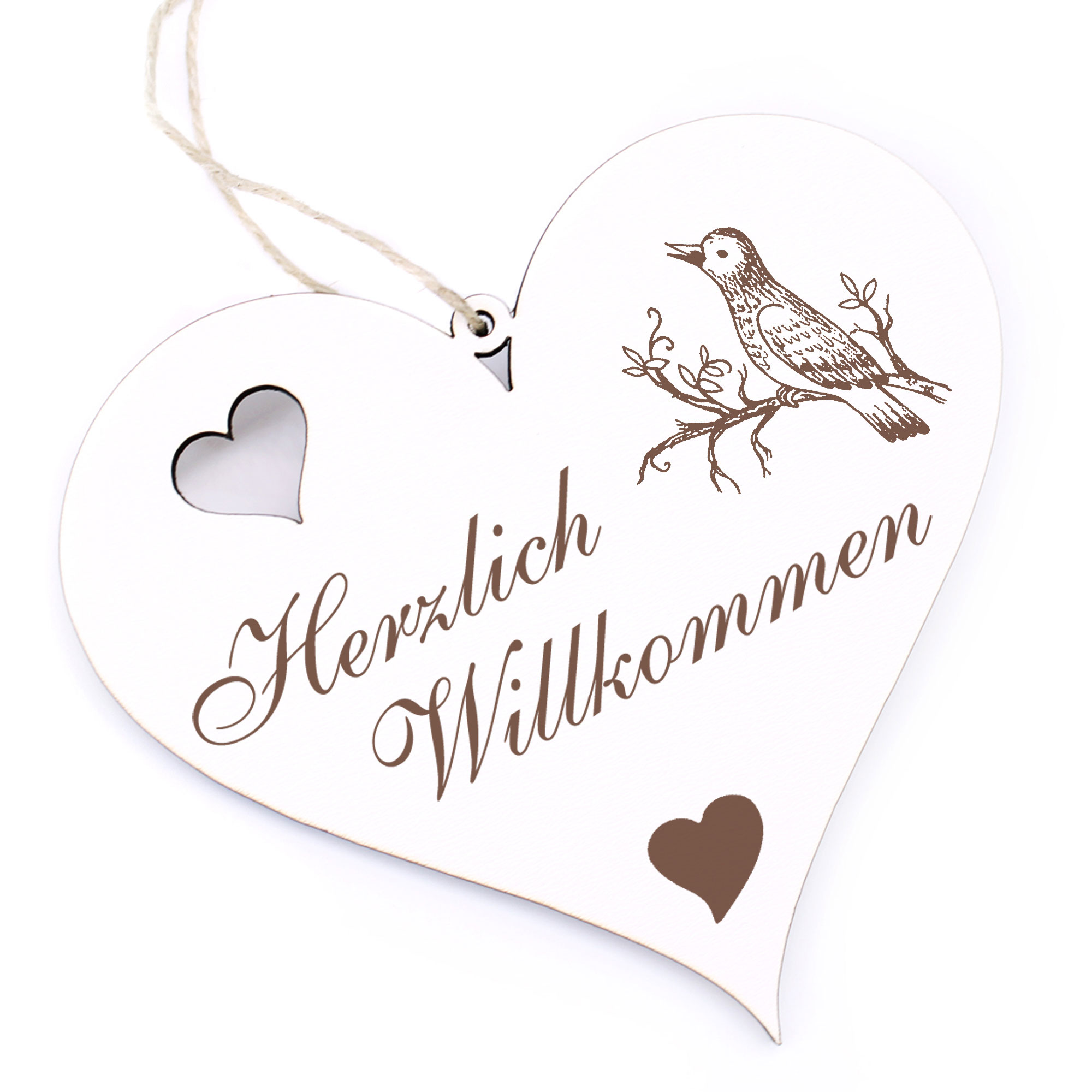 Herzlich Willkommen Schild - singender Vogel - Deko Herz Holz