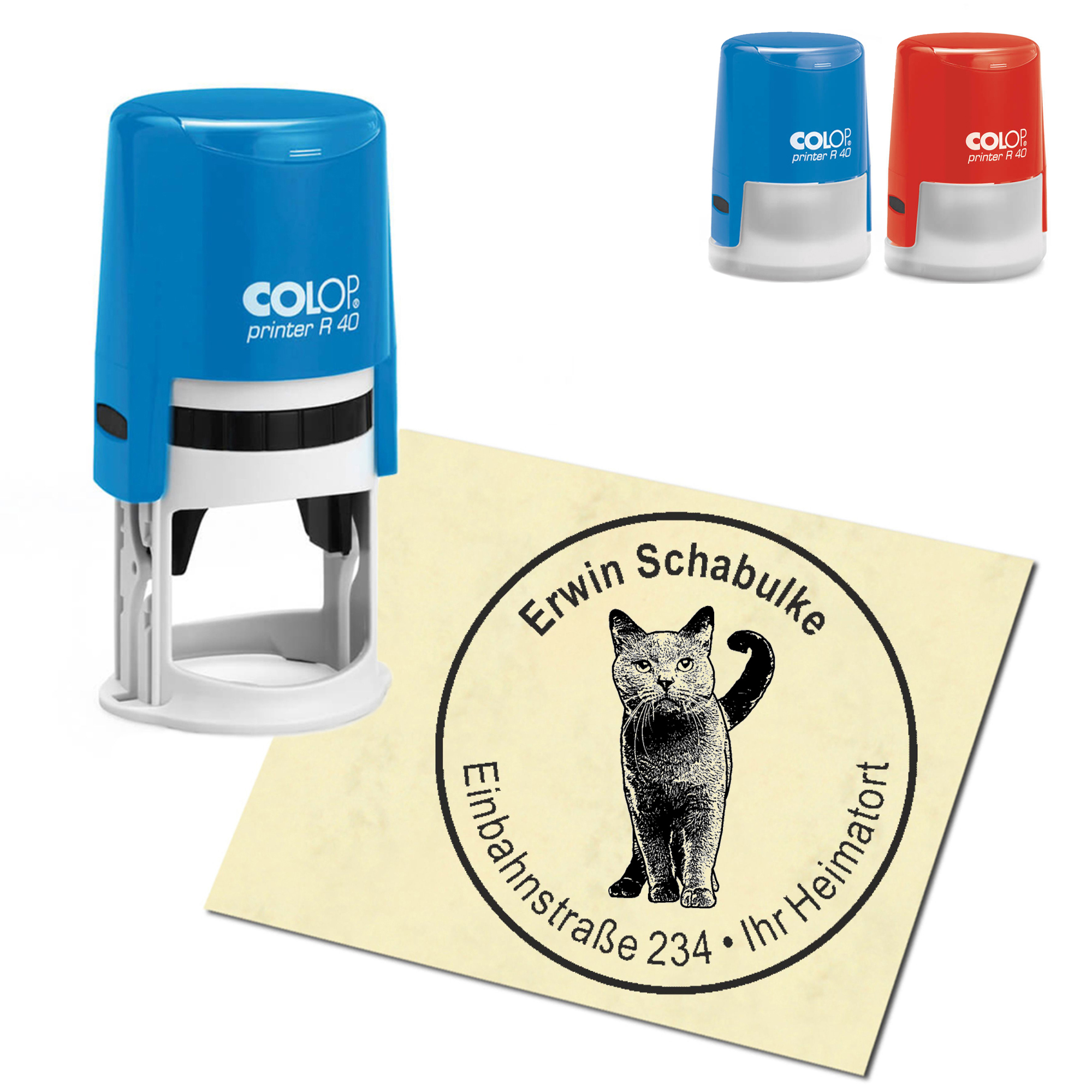 Stempel Adressstempel personalisiert - Kartäuser Katze - rund &empty; 40mm