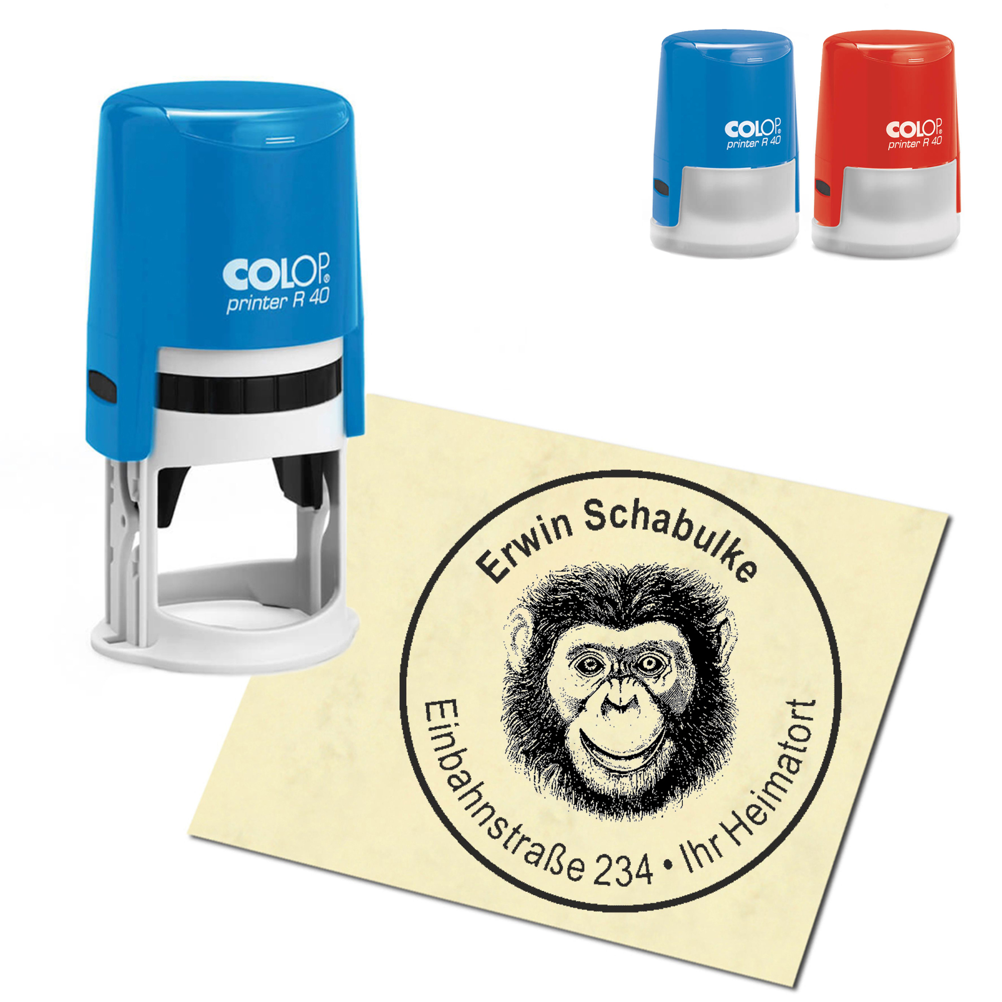 Stempel Adressstempel personalisiert - Affe Schimpanse Kopf - rund &empty; 40mm