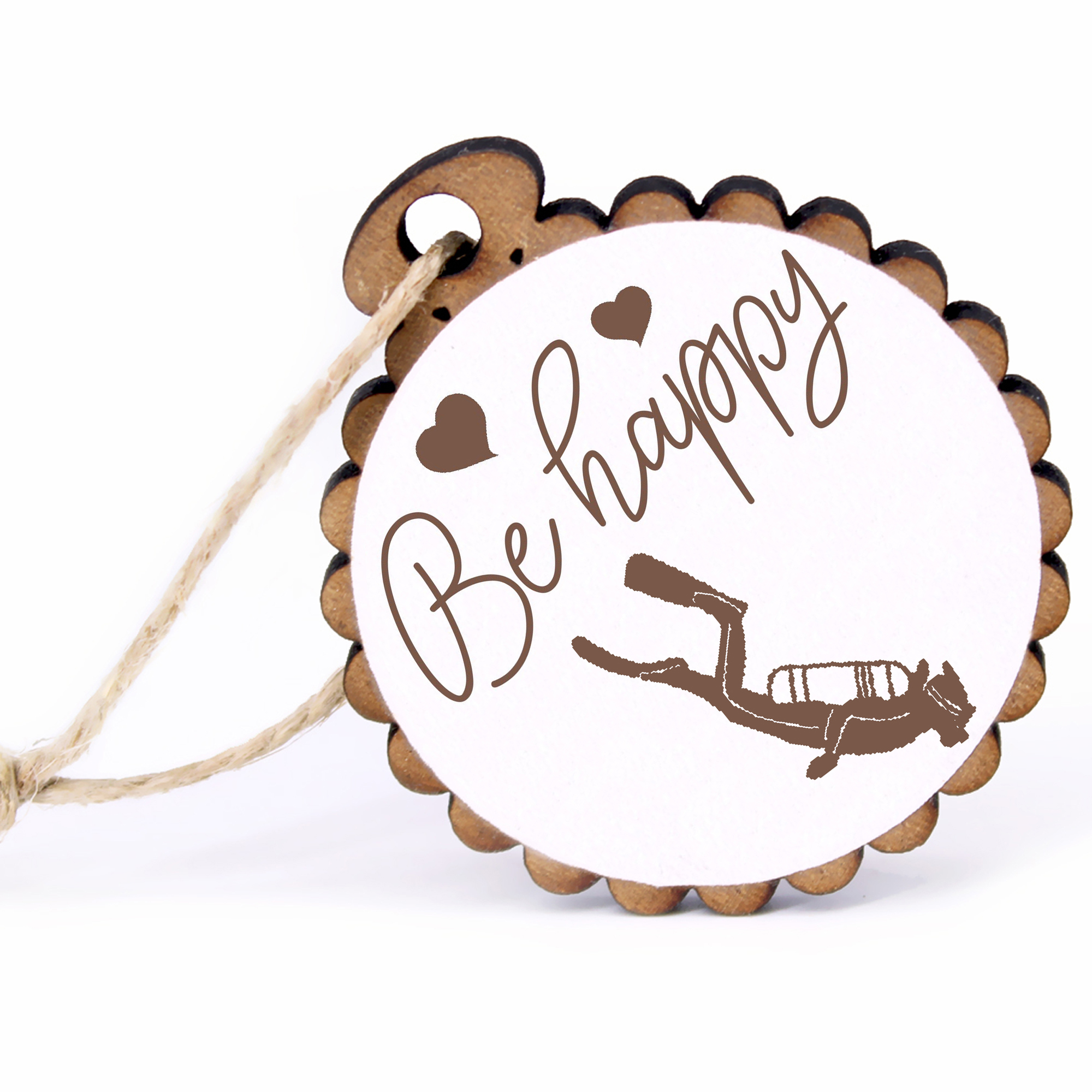 Geschenkanhänger - Be Happy Taucher -  Holz Ø-5cm - mit Juteband