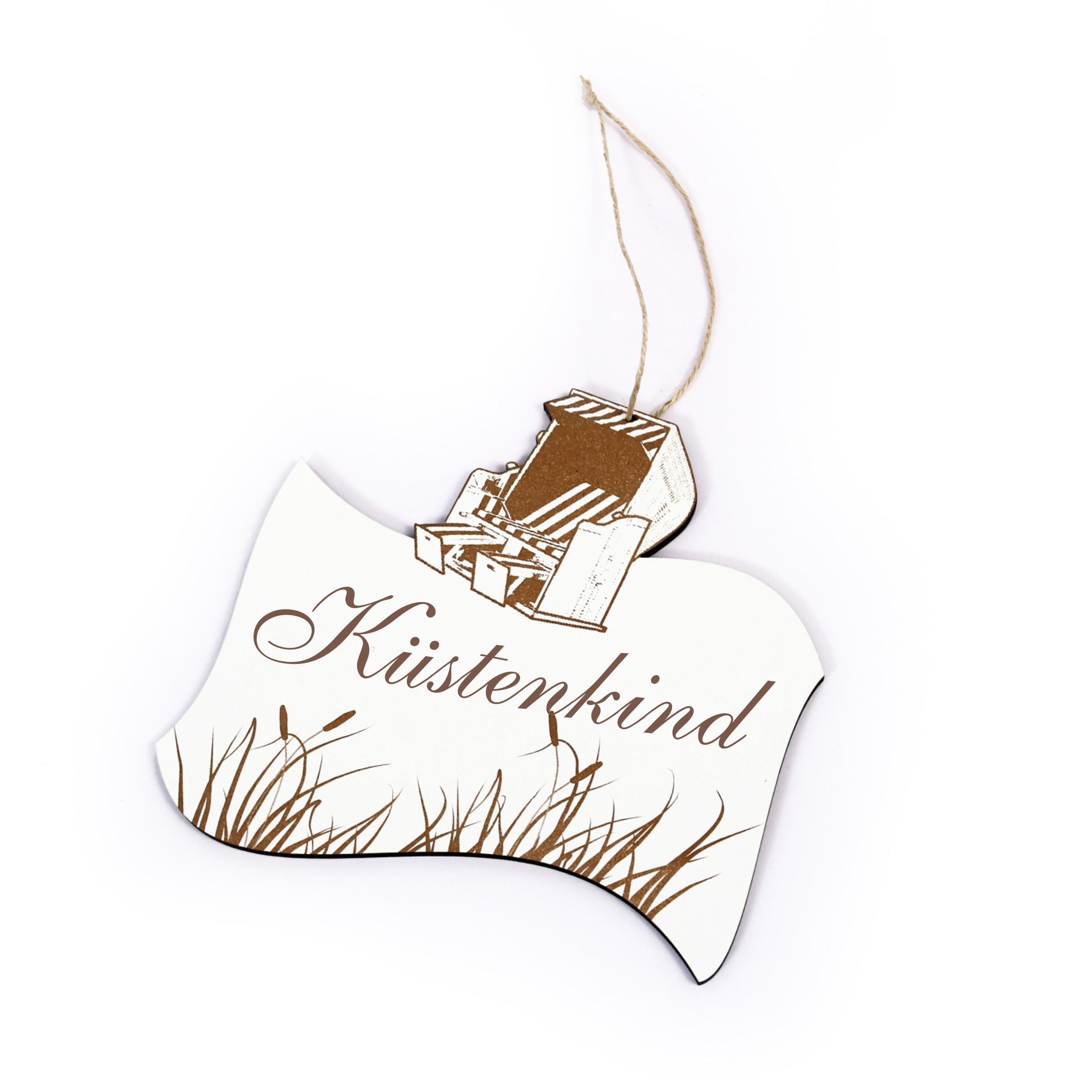 Maritimes Schild « KÜSTENKIND » mit Strandkorb und Schilf