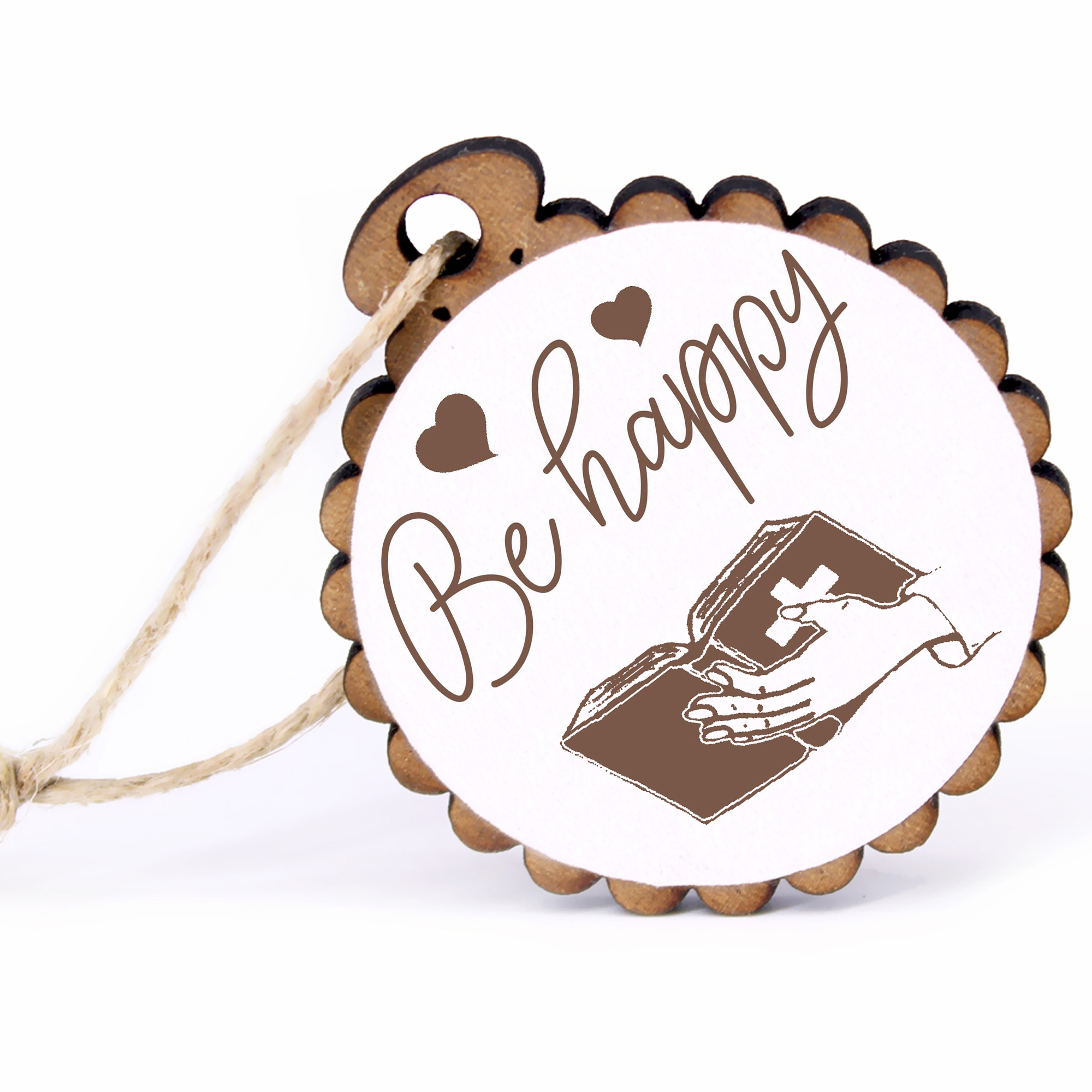 Geschenkanhänger - Be Happy Bibel -  Holz Ø-5cm - mit Juteband