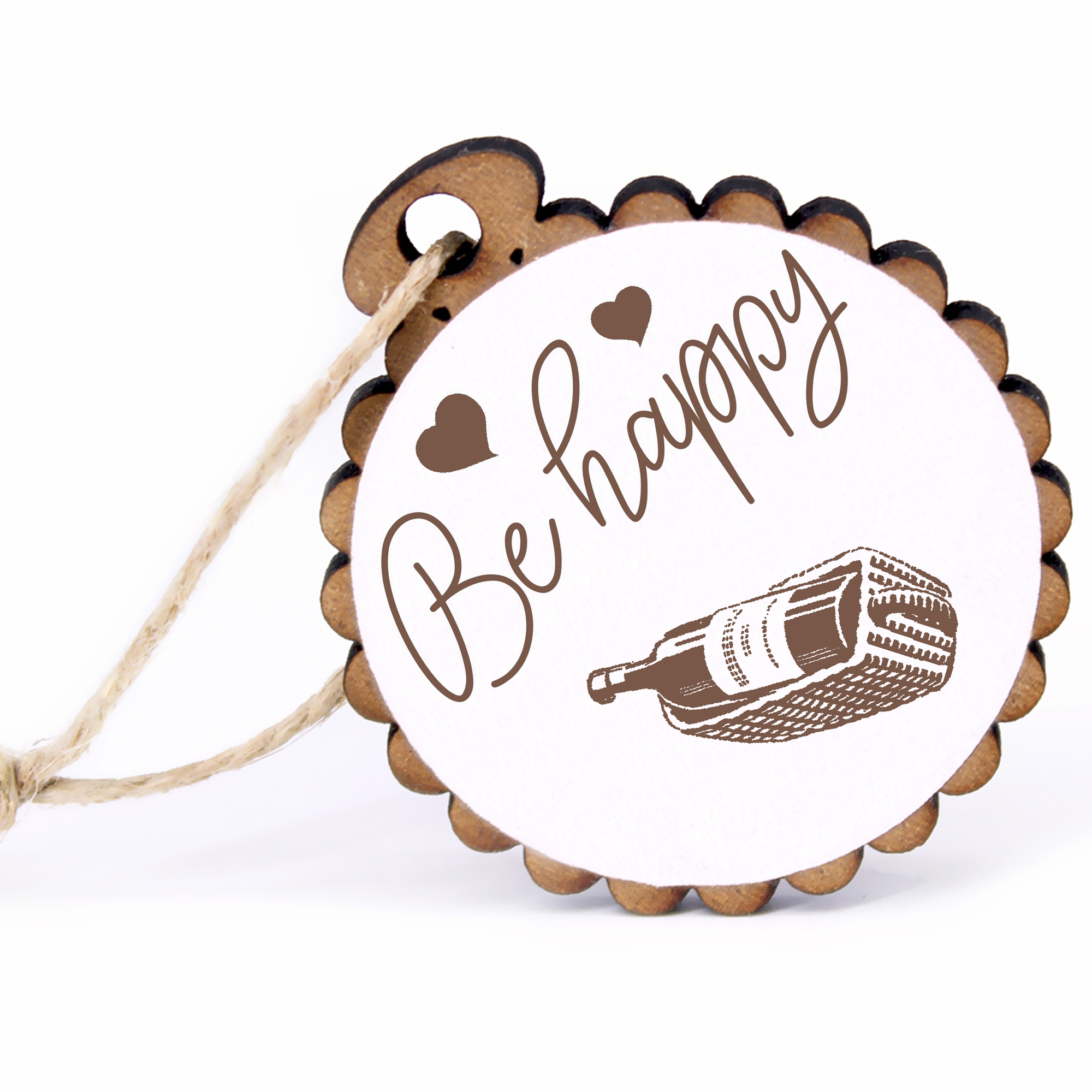 Geschenkanhänger - Be Happy Weinflasche -  Holz Ø-5cm - mit Juteband
