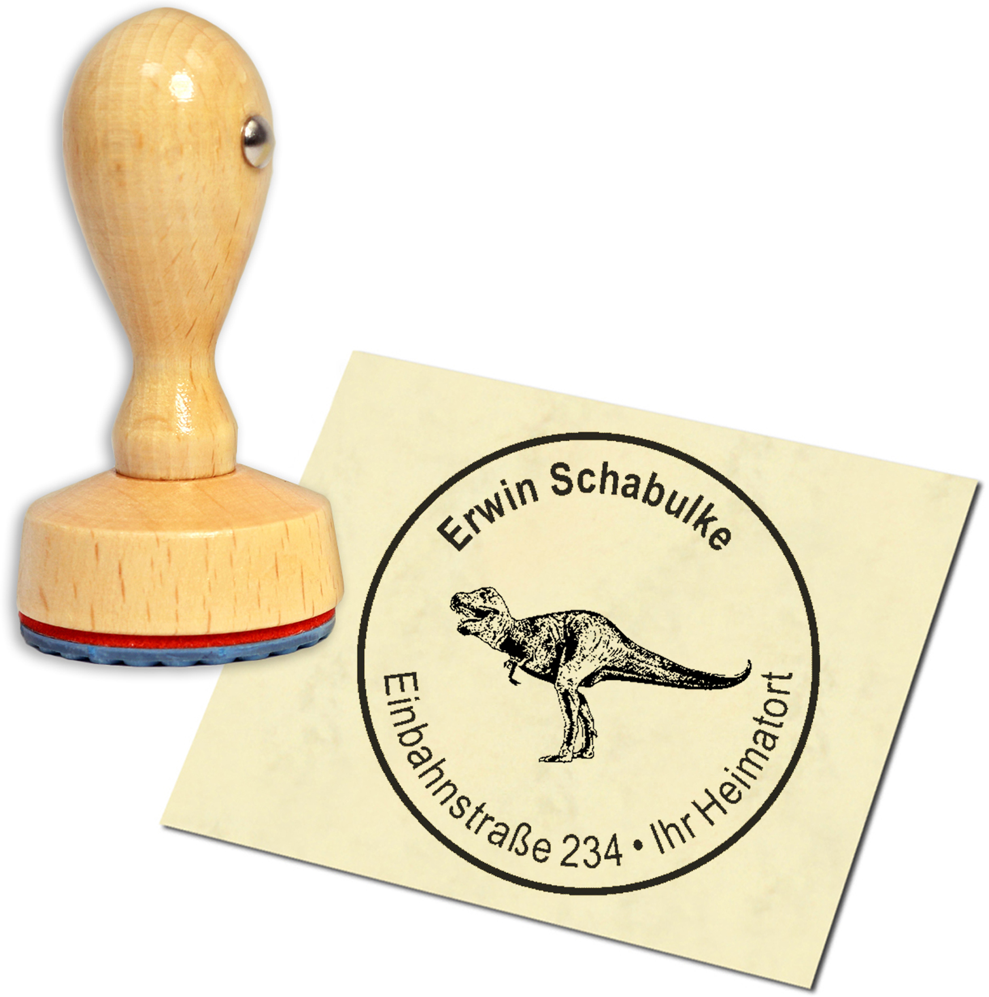 Stempel Adressstempel Holzstempel - Dinosaurier T-Rex - rund 40mm