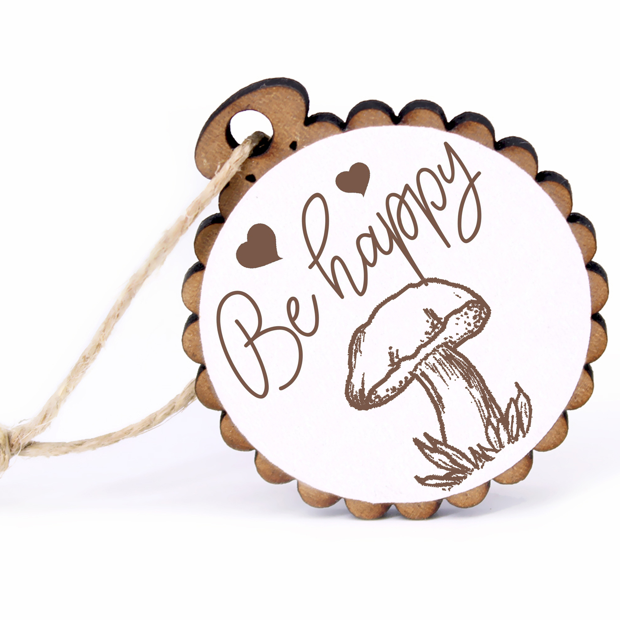 Geschenkanhänger - Be Happy Pilzmarone -  Holz Ø-5cm - mit Juteband