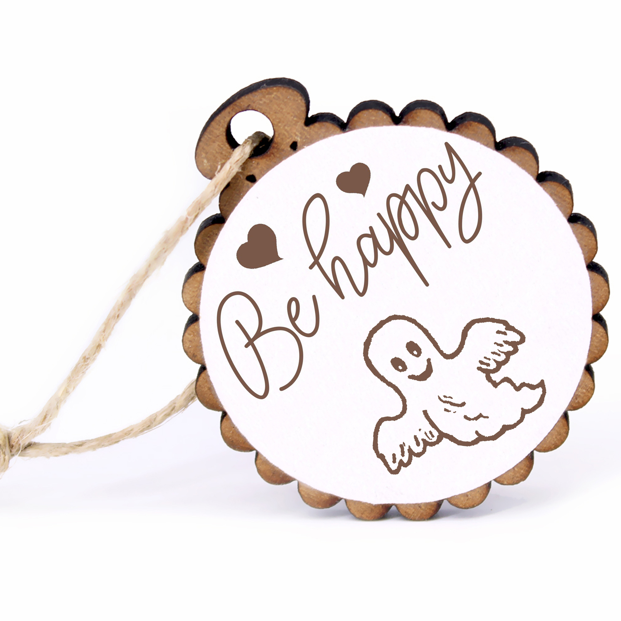 Geschenkanhänger - Be Happy lustiges Gespenst -  Holz Ø-5cm - mit Juteband