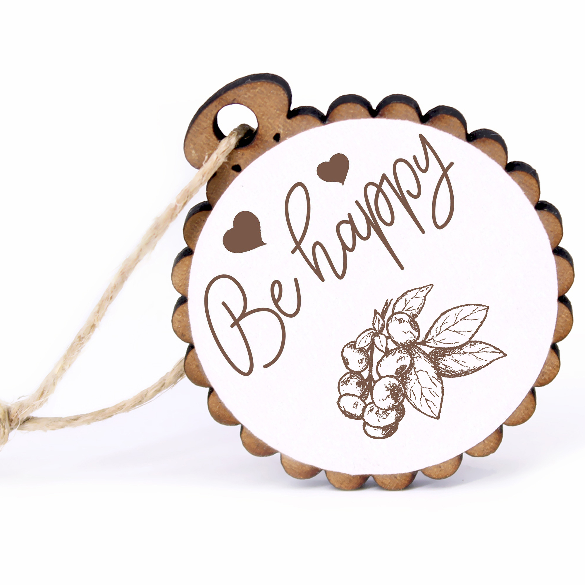 Geschenkanhänger - Be Happy Heidelbeere -  Holz Ø-5cm - mit Juteband
