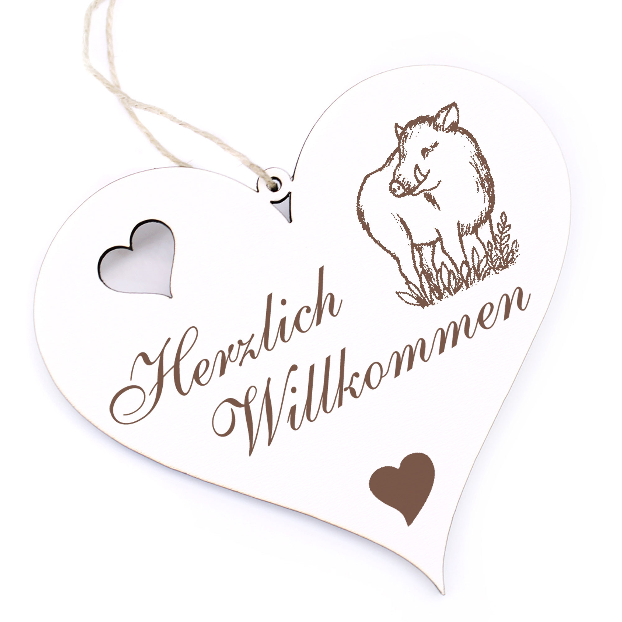 Herzlich Willkommen Schild - niedlicher Keiler Wildschwein - Deko Herz Holz
