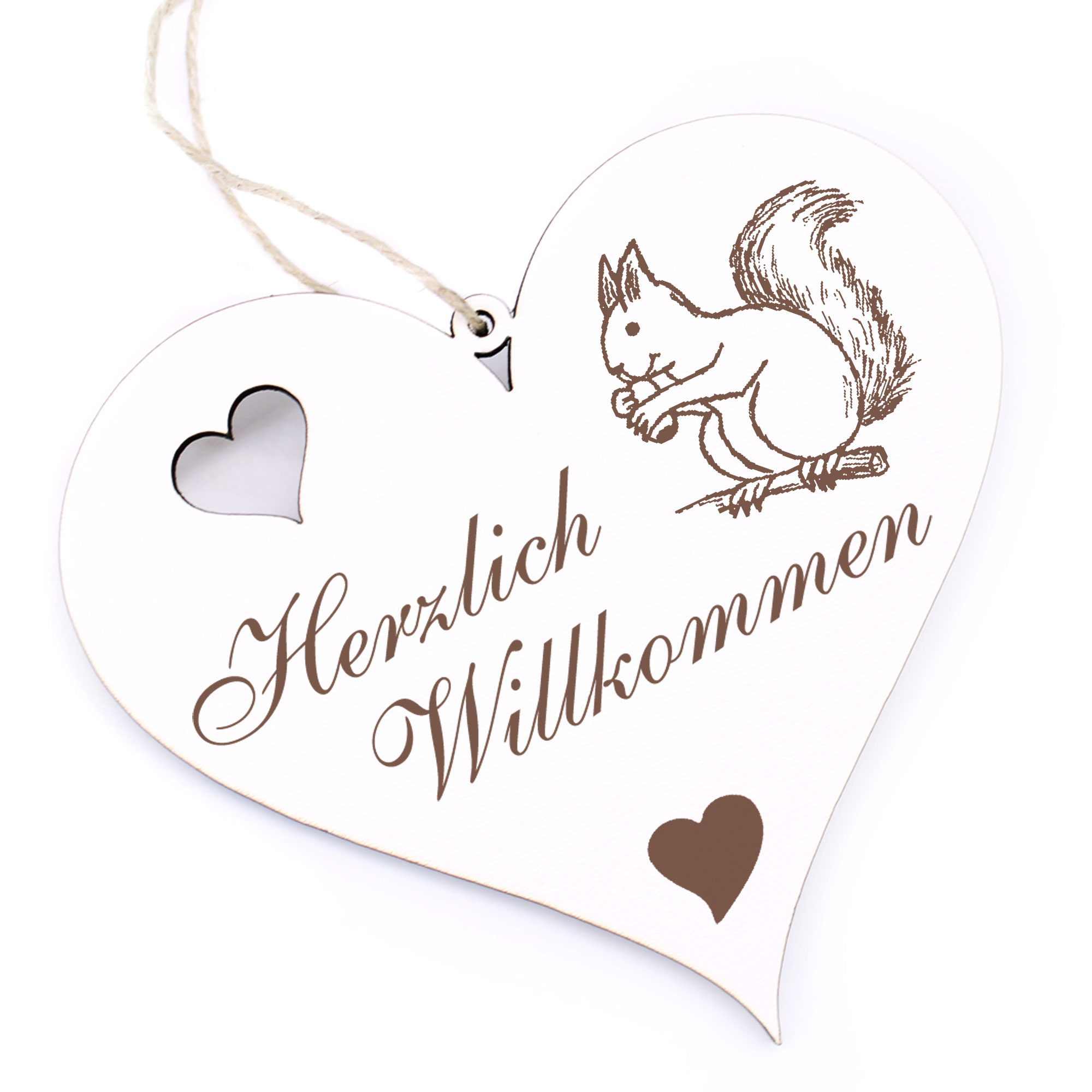 Herzlich Willkommen Schild - Eichhörnchen mit Nuss - Deko Herz Holz