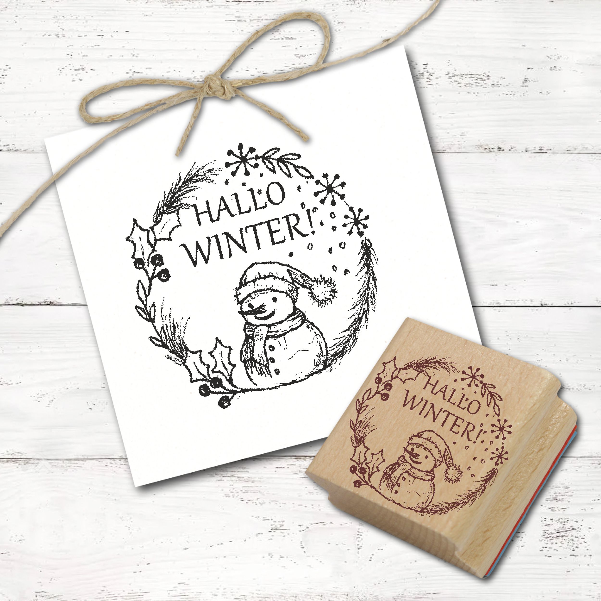 Motivstempel Schneemann Hallo Winter - Mistelzweig Stempel rund Holzstempel 48mm x 48mm