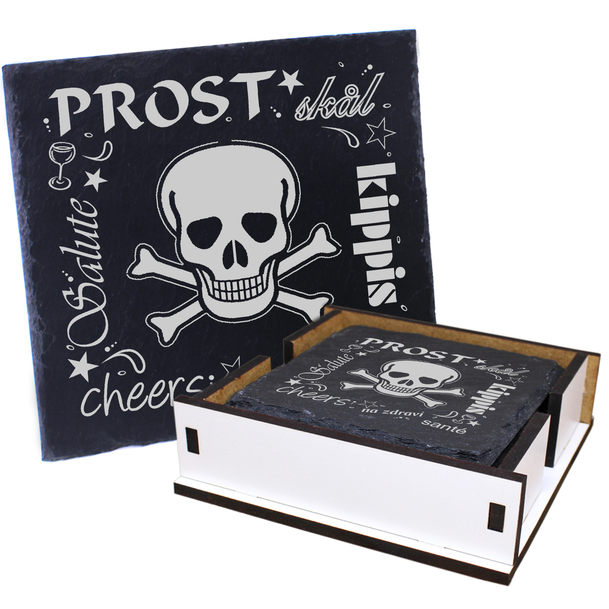 5 x Schiefer Untersetzer - Prost Skull and Crossbones - inkl. Holzbox & Flaschenuntersetzer