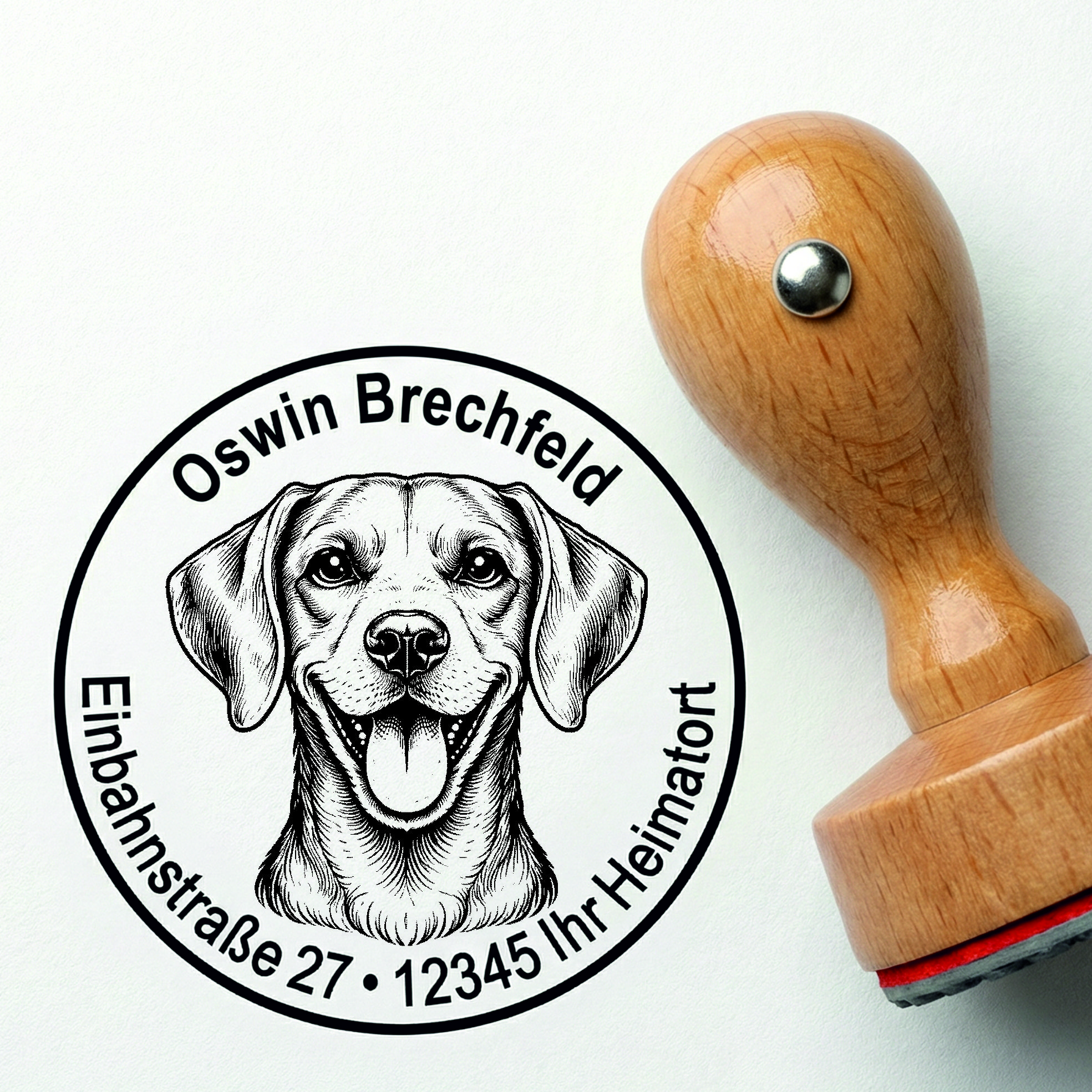 Stempel Weimaraner personalisiert – Hund Holzstempel mit Name & Adresse