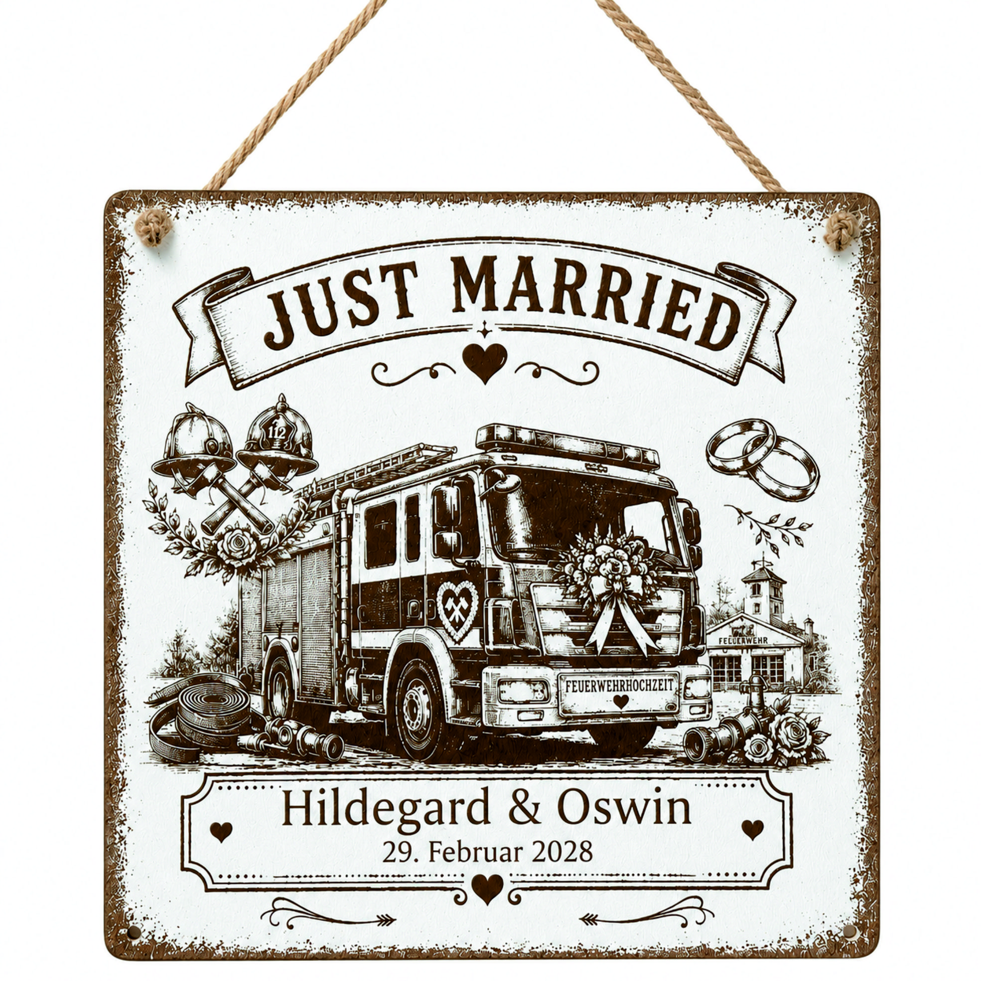 Personalisiertes Hochzeitsschild Feuerwehr Hochzeit Just Married - mit Namen und Datum - 15x15 cm