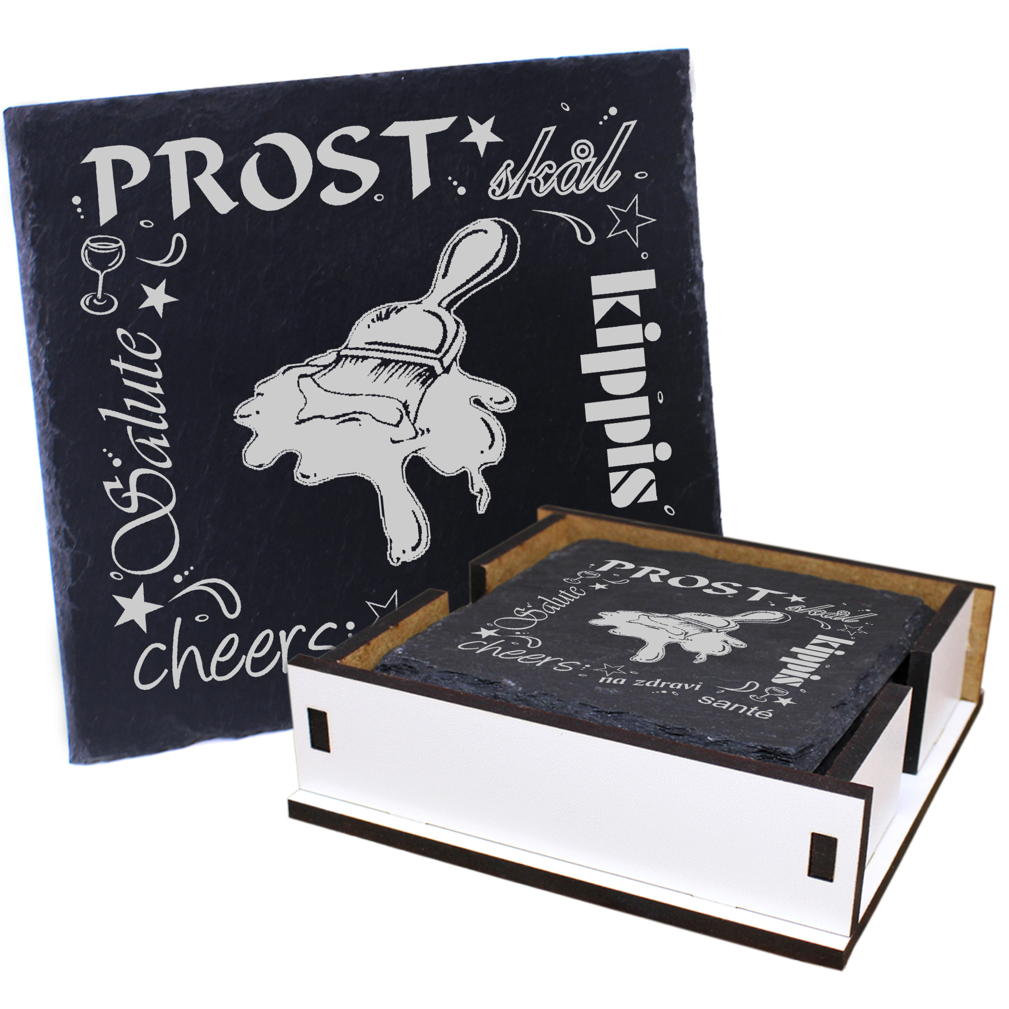 5 x Schiefer Untersetzer - Prost Pinsel - inkl. Holzbox & Flaschenuntersetzer