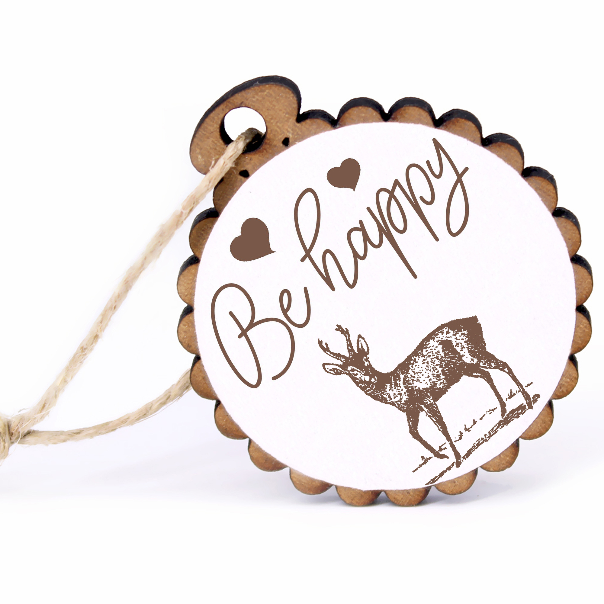 Geschenkanhänger - Be Happy Rehbock -  Holz Ø-5cm - mit Juteband