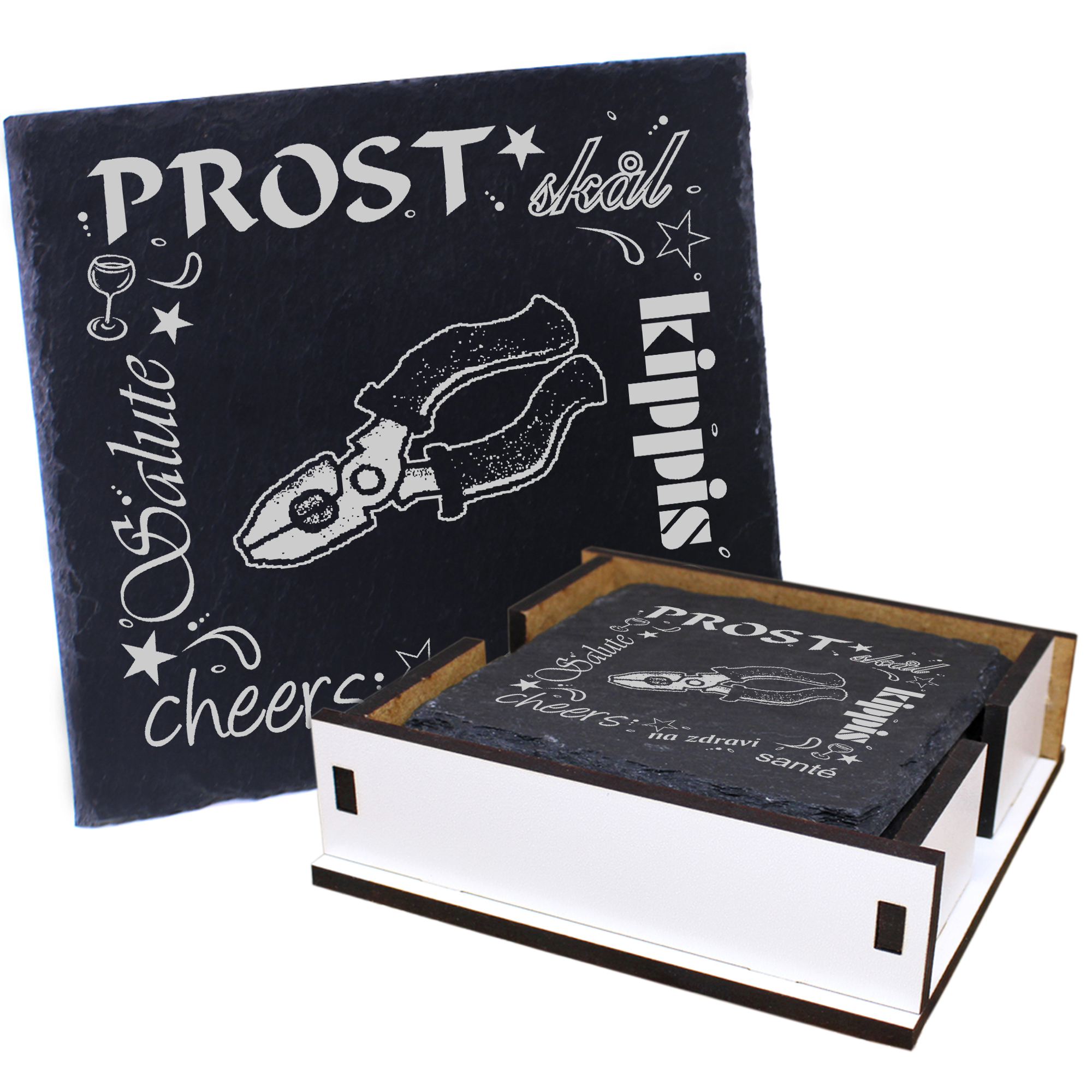 5 x Schiefer Untersetzer - Prost Zange - inkl. Holzbox & Flaschenuntersetzer