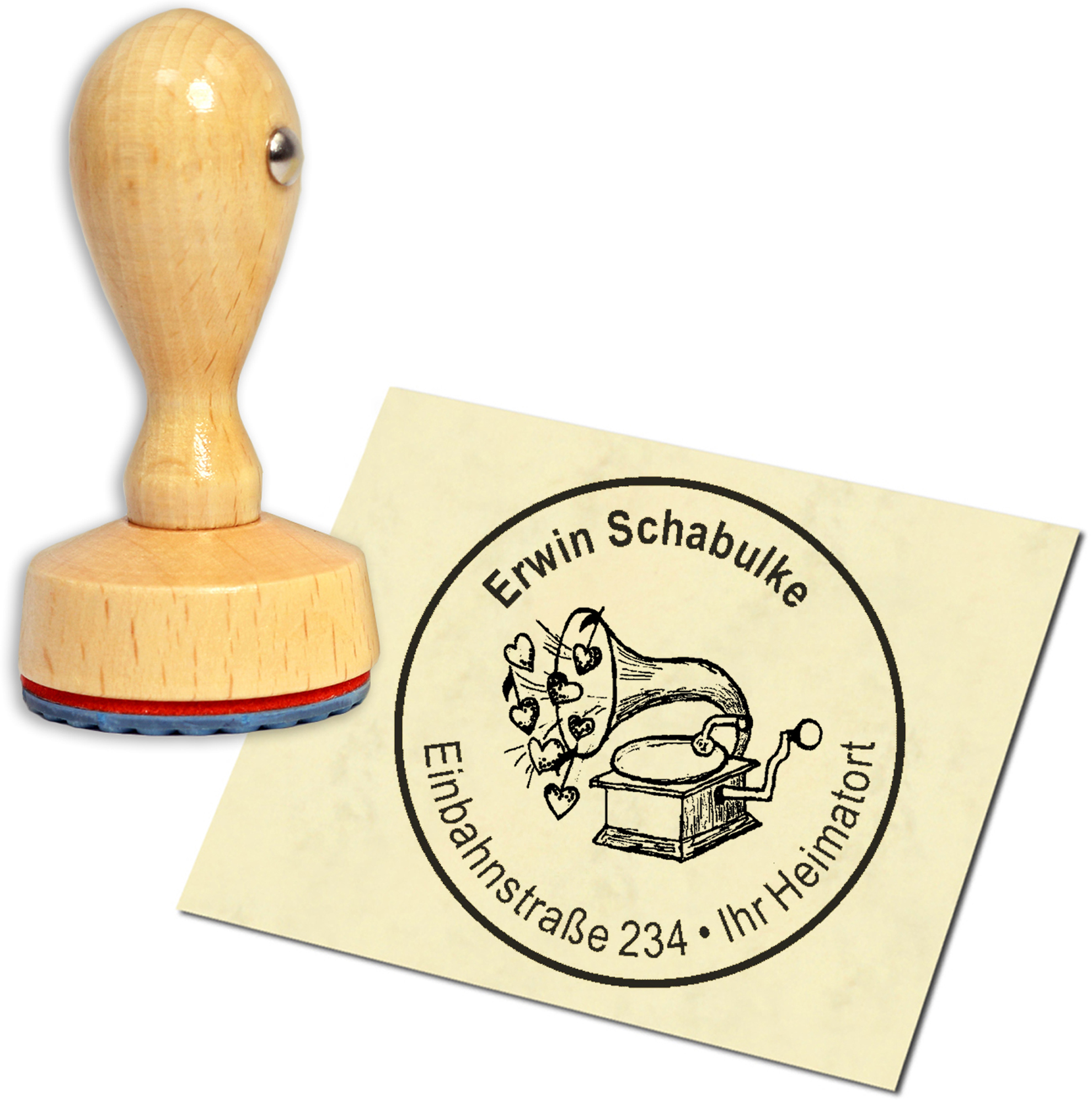 Stempel Adressstempel Holzstempel - Grammophon mit Herzen - rund 40mm