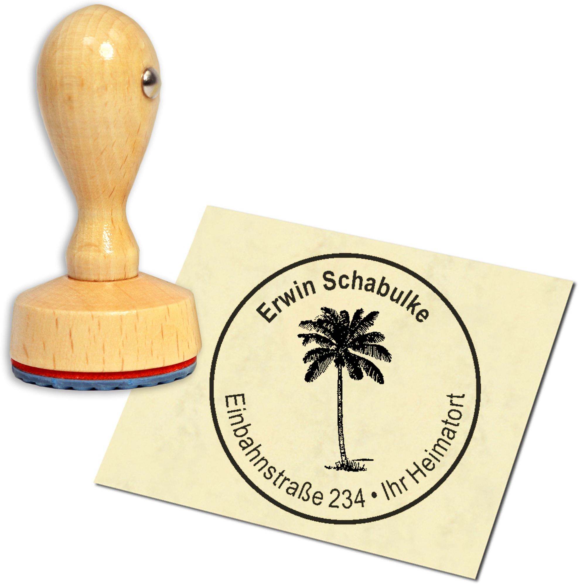 Stempel Adressstempel Holzstempel - Kokospalme - rund 40mm