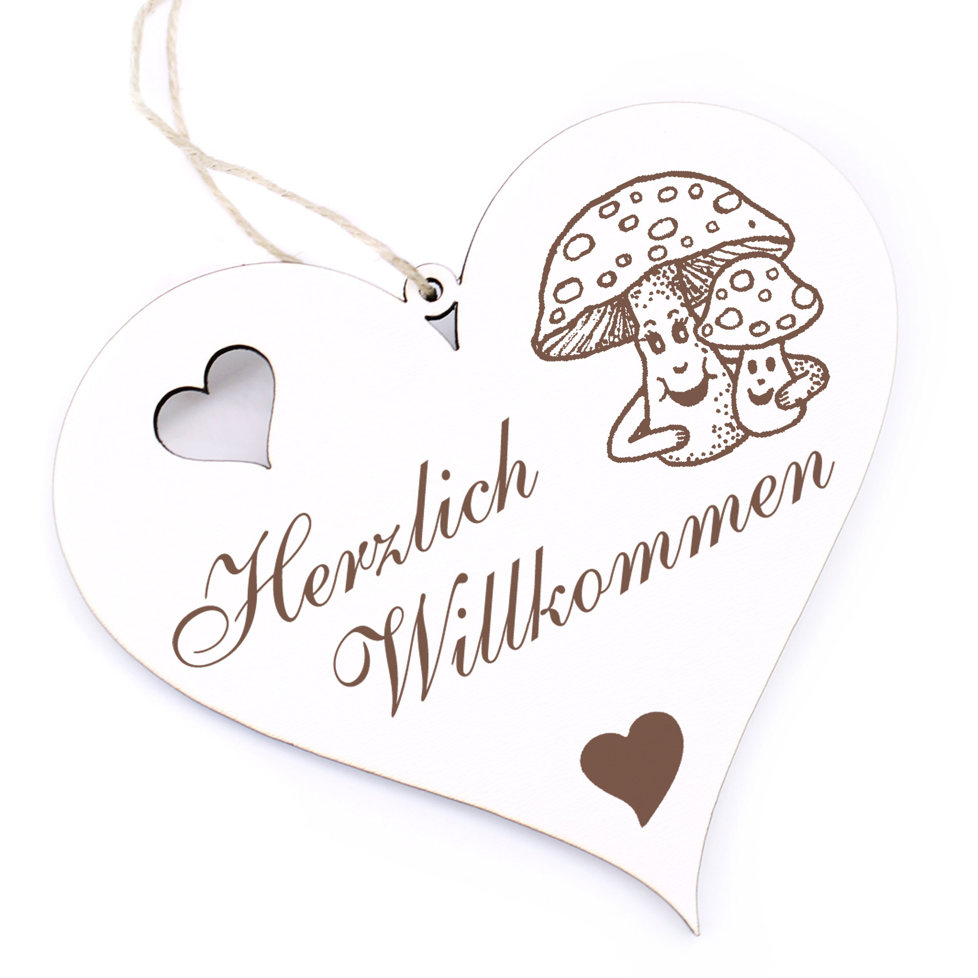 Herzlich Willkommen Schild - Pilz mit Gesicht - Deko Herz Holz