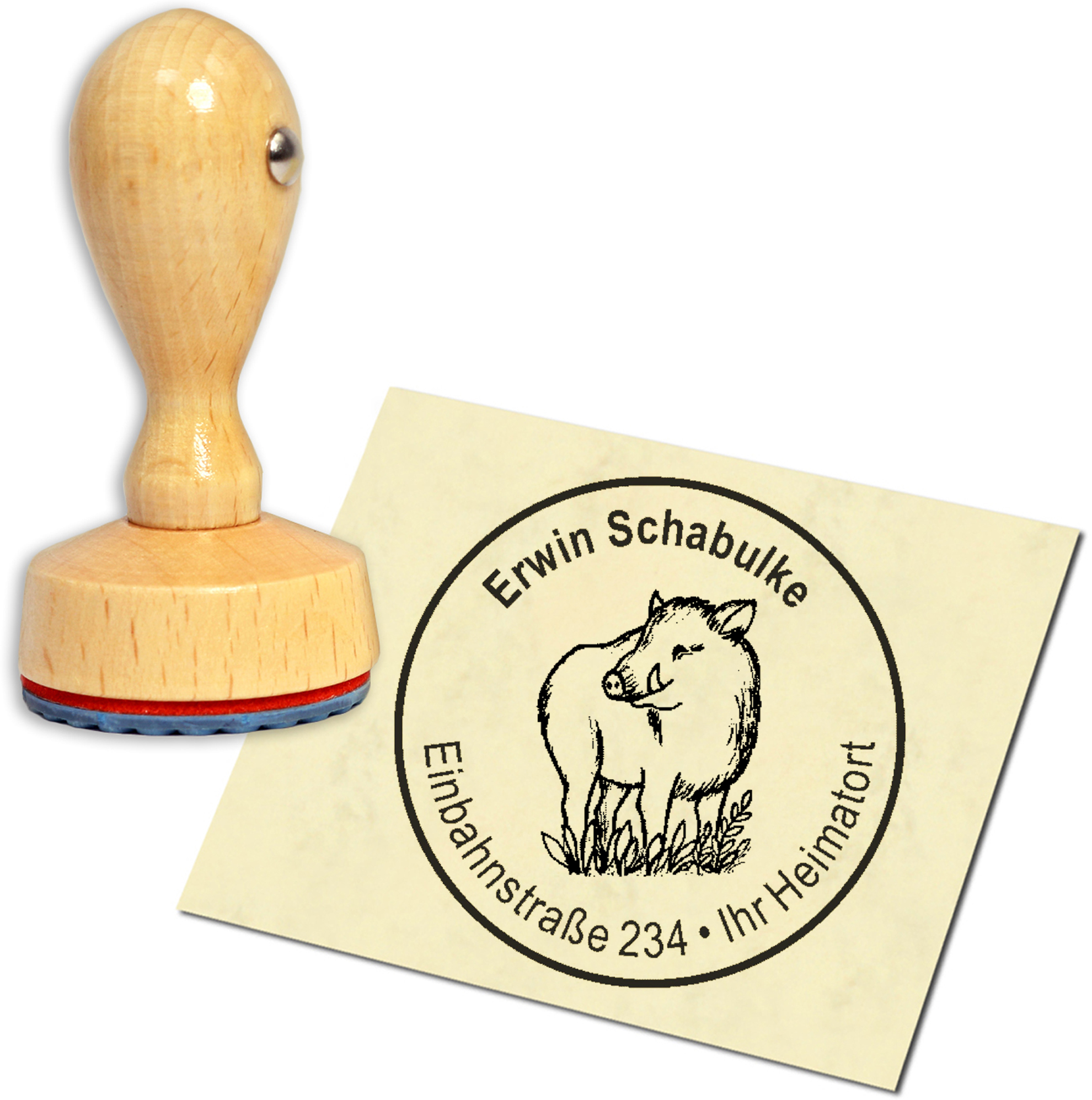Stempel Adressstempel Holzstempel - niedlicher Keiler Wildschwein - rund 40mm