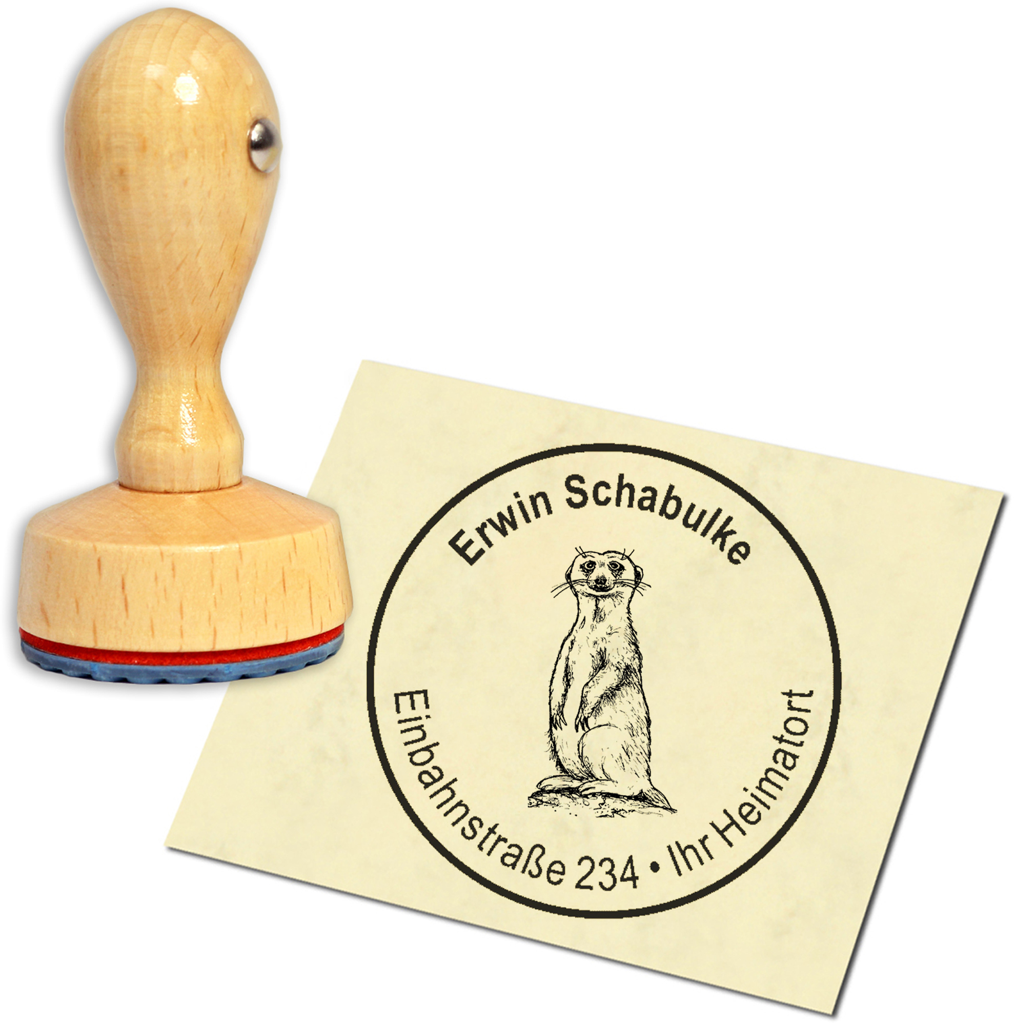Stempel Adressstempel Holzstempel - stehendes Erdmännchen - rund 40mm