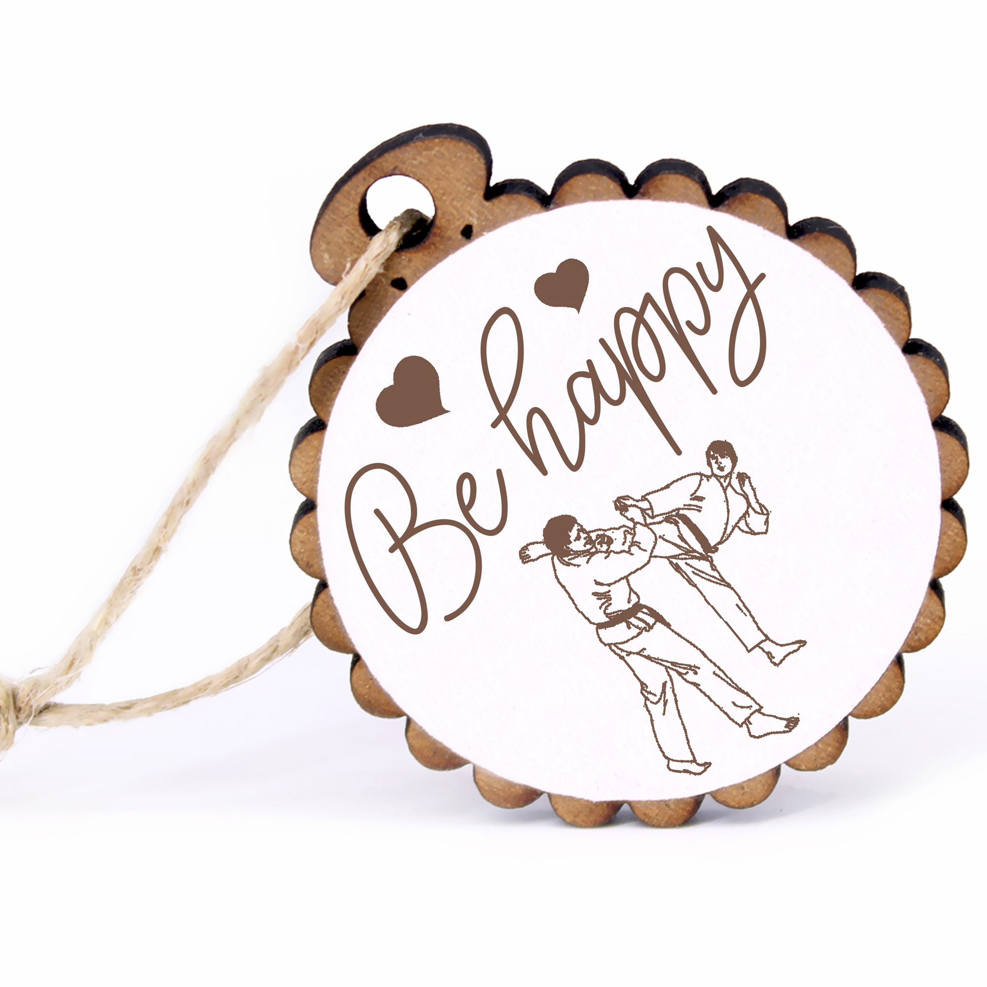 Geschenkanhänger - Be Happy Karate -  Holz Ø-5cm - mit Juteband