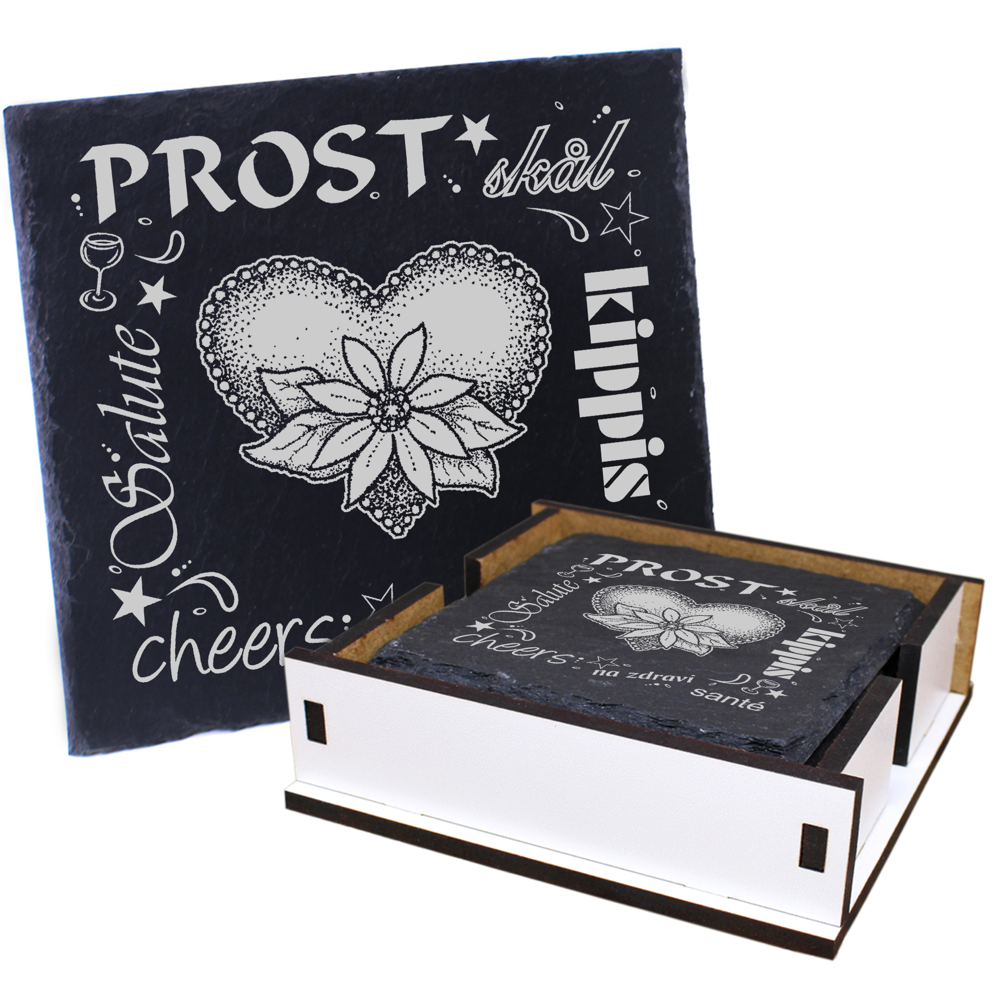 5 x Schiefer Untersetzer - Prost Herz mit Blume - inkl. Holzbox & Flaschenuntersetzer