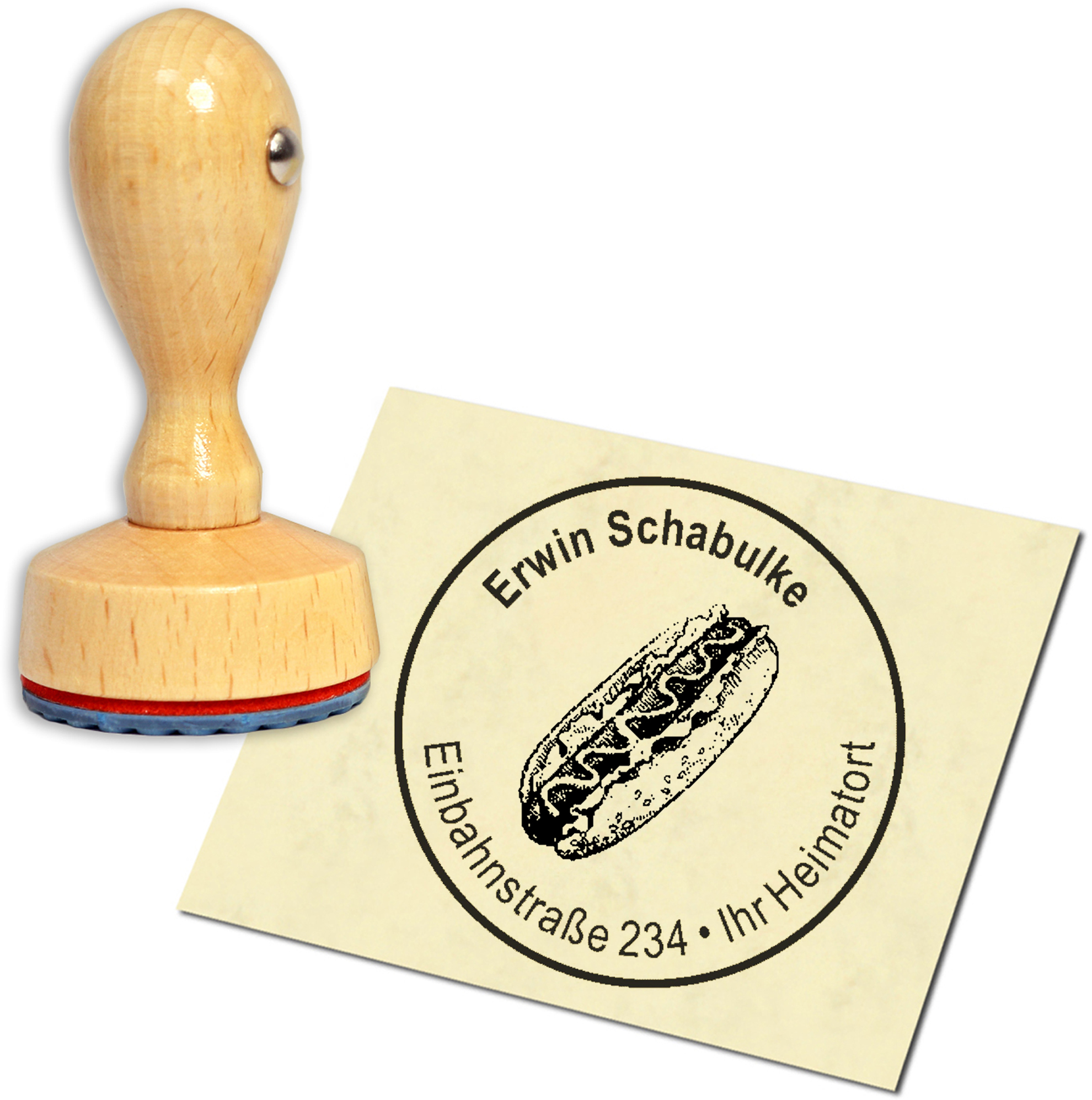 Stempel Adressstempel Holzstempel - Hotdog - rund 40mm