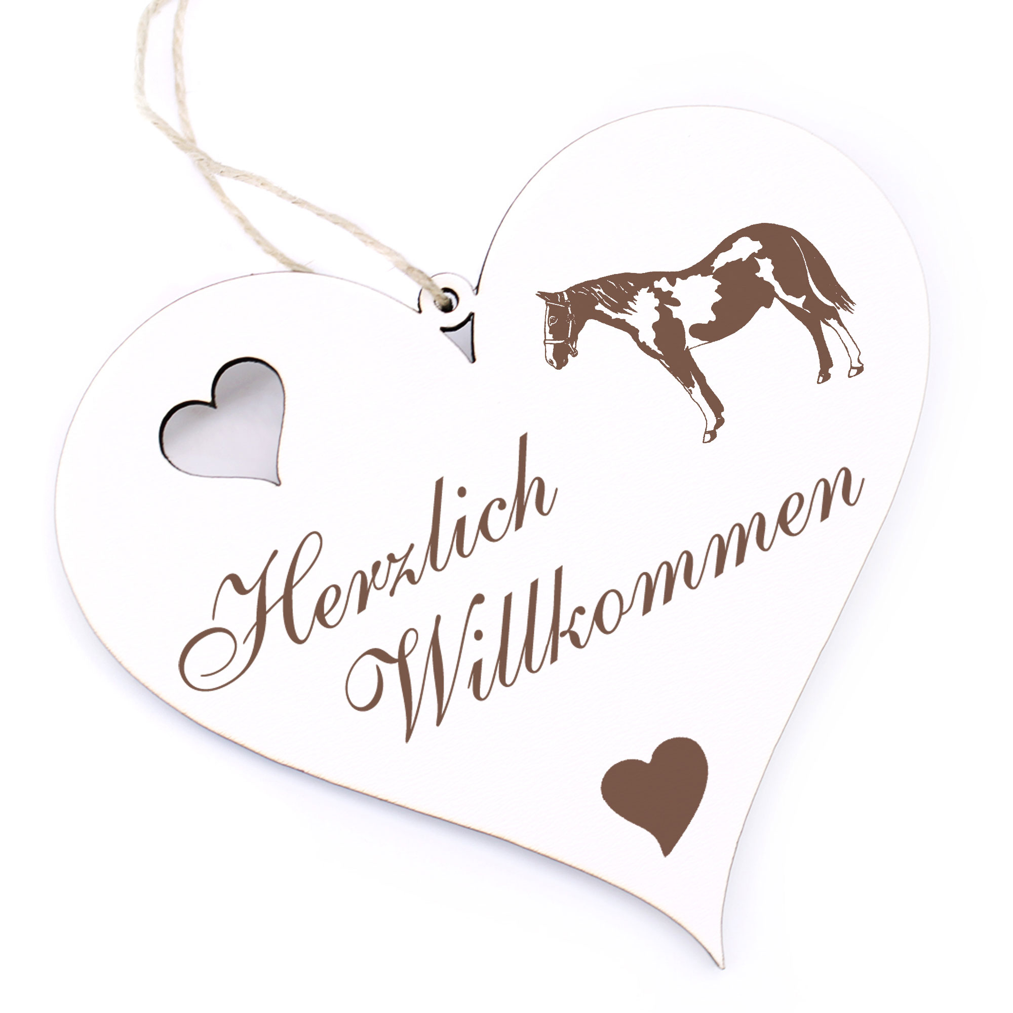 Herzlich Willkommen Schild - Schecke Pinto Pferd - Deko Herz Holz