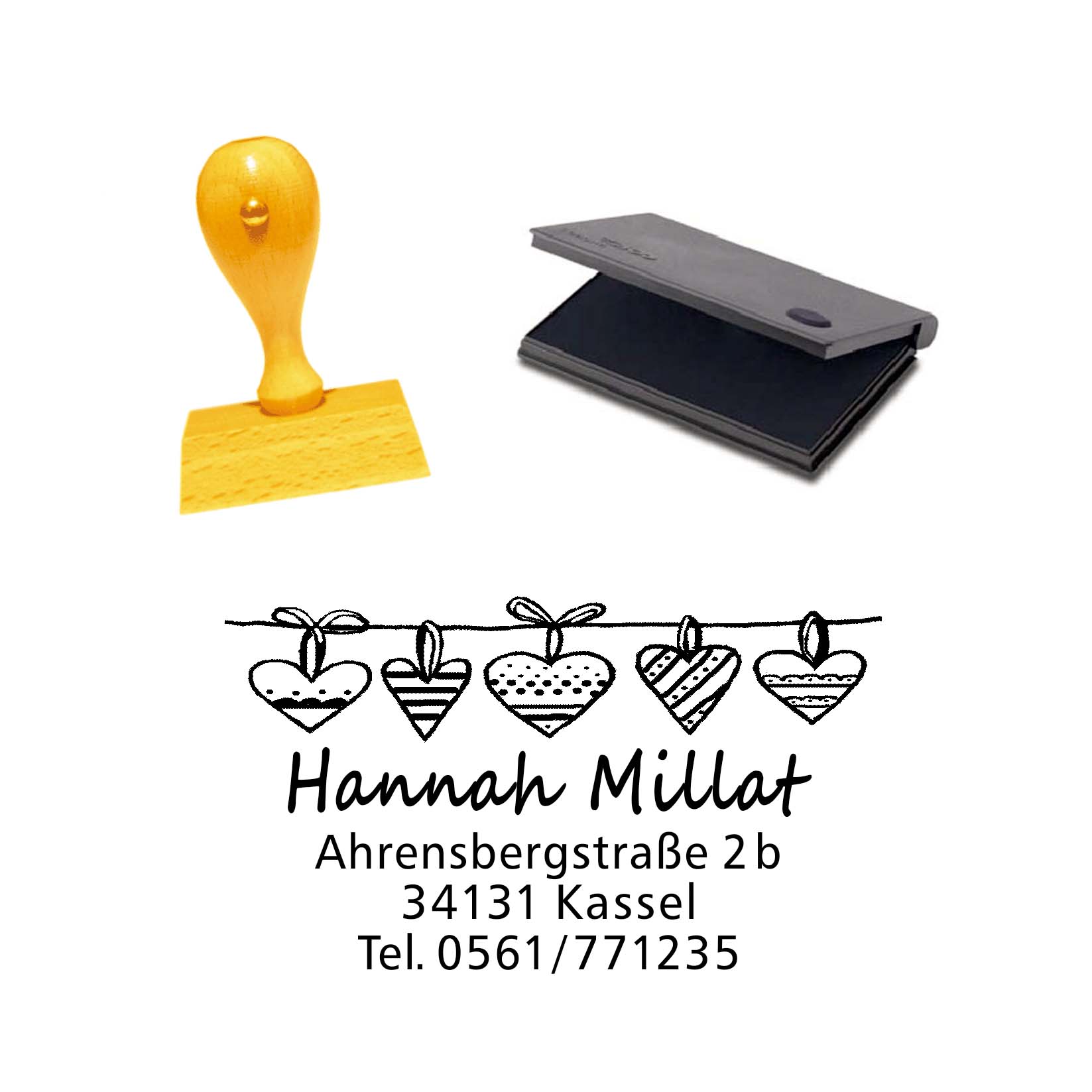 Stempel Herzen an der Leine - Schleife - mit persönlicher Adresse und Stempelkissen