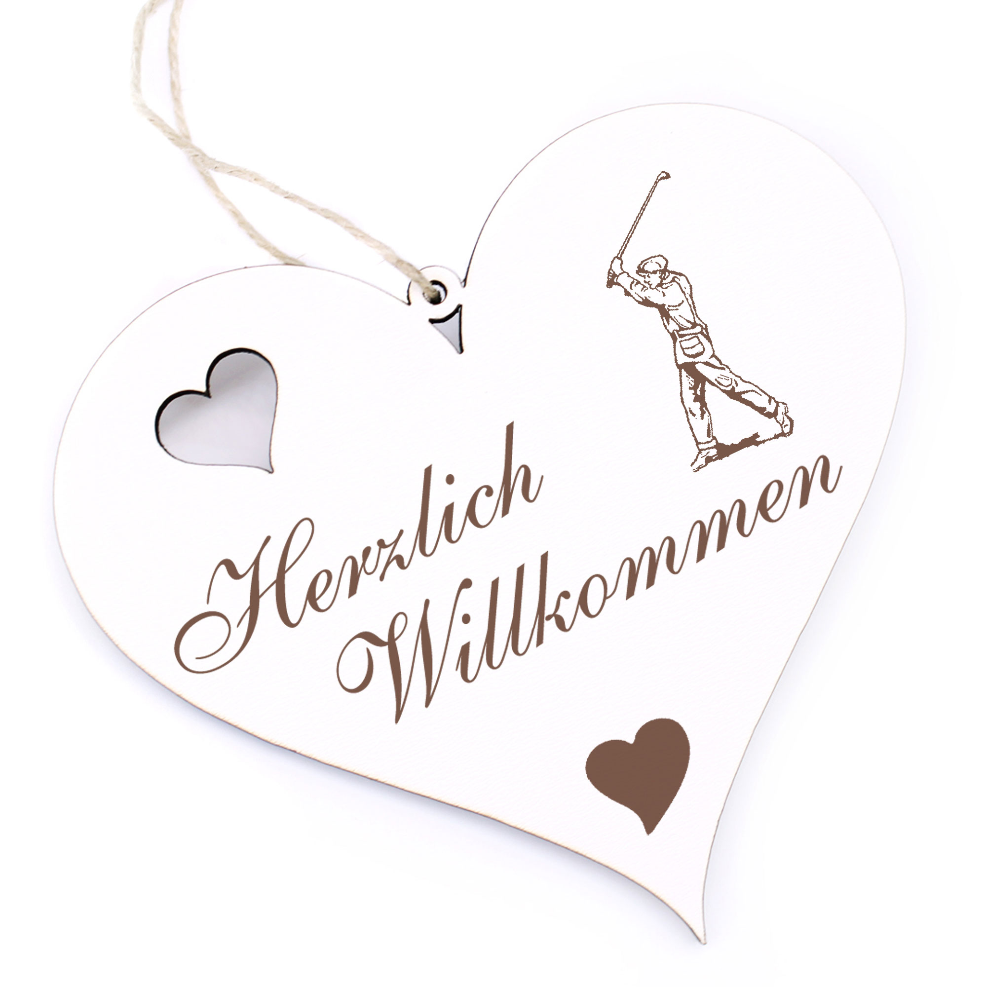 Herzlich Willkommen Schild - Golfer - Deko Herz Holz