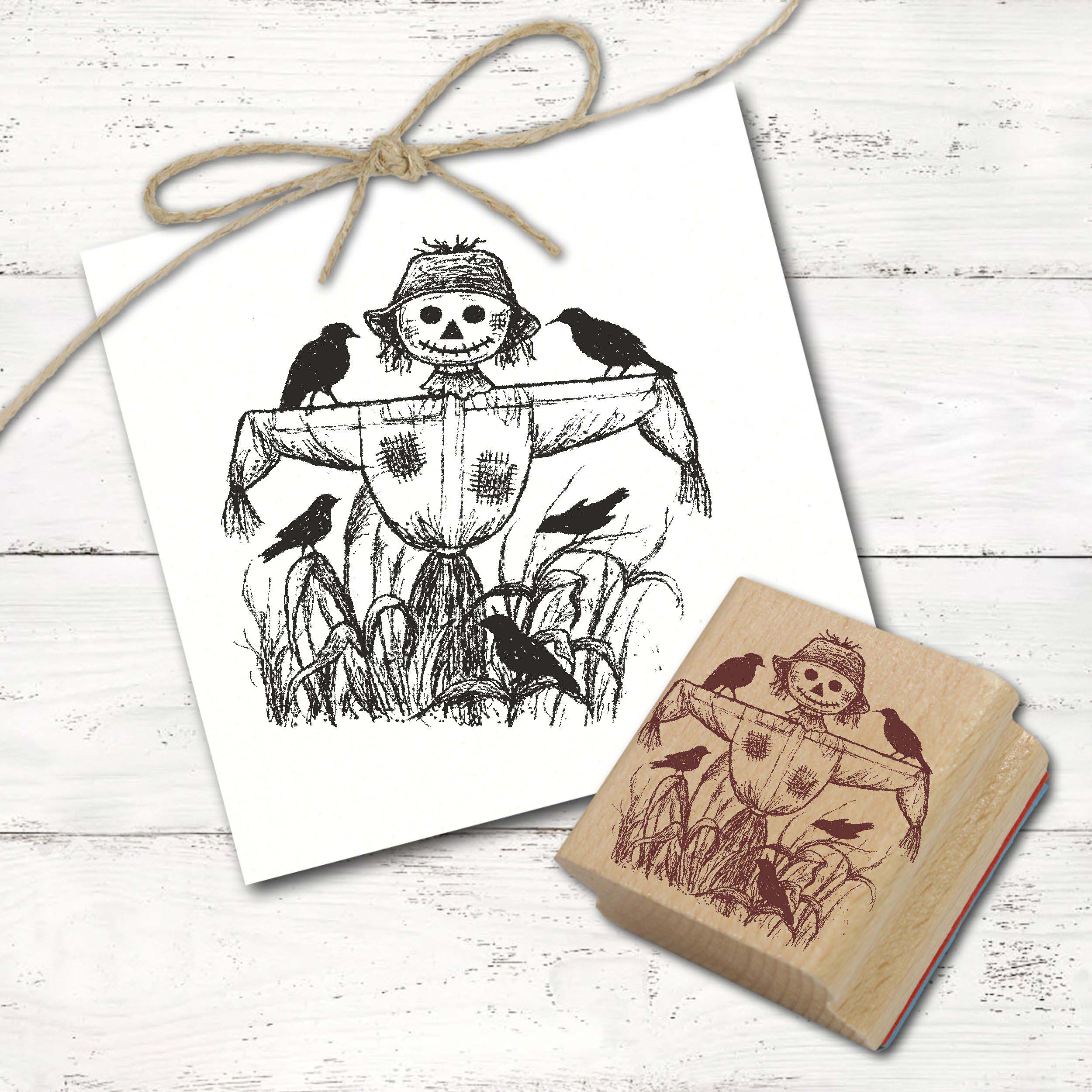 Motivstempel Vogelscheuche im Feld und 5 Krähen - Stempel Herbst Holzstempel 68 mm x 68 mm