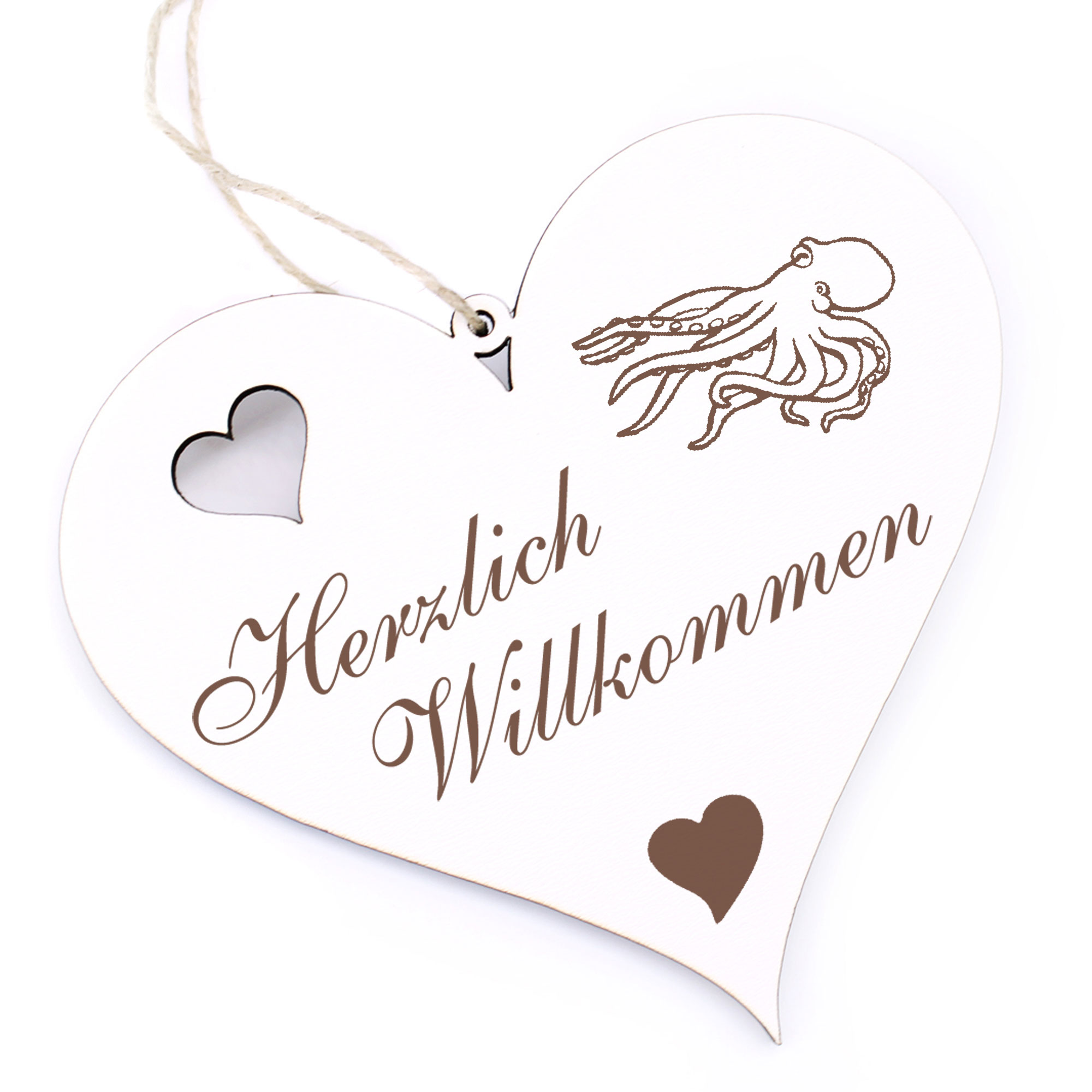 Herzlich Willkommen Schild - schwimmender Octopus - Deko Herz Holz