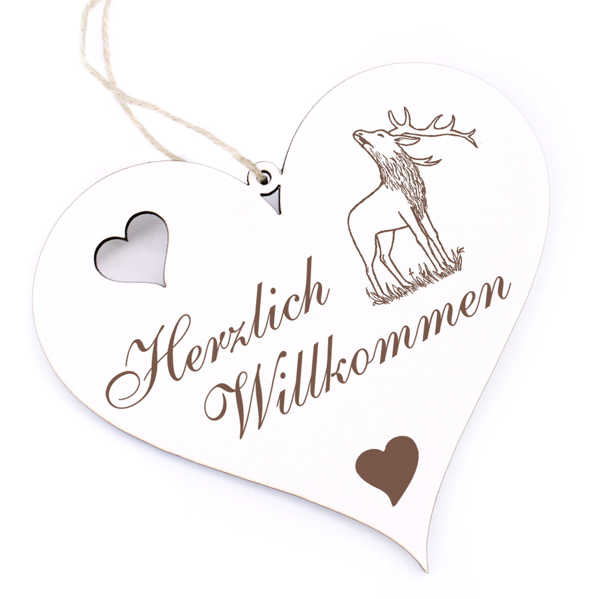 Herzlich Willkommen Schild - rufender Hirsch - Deko Herz Holz