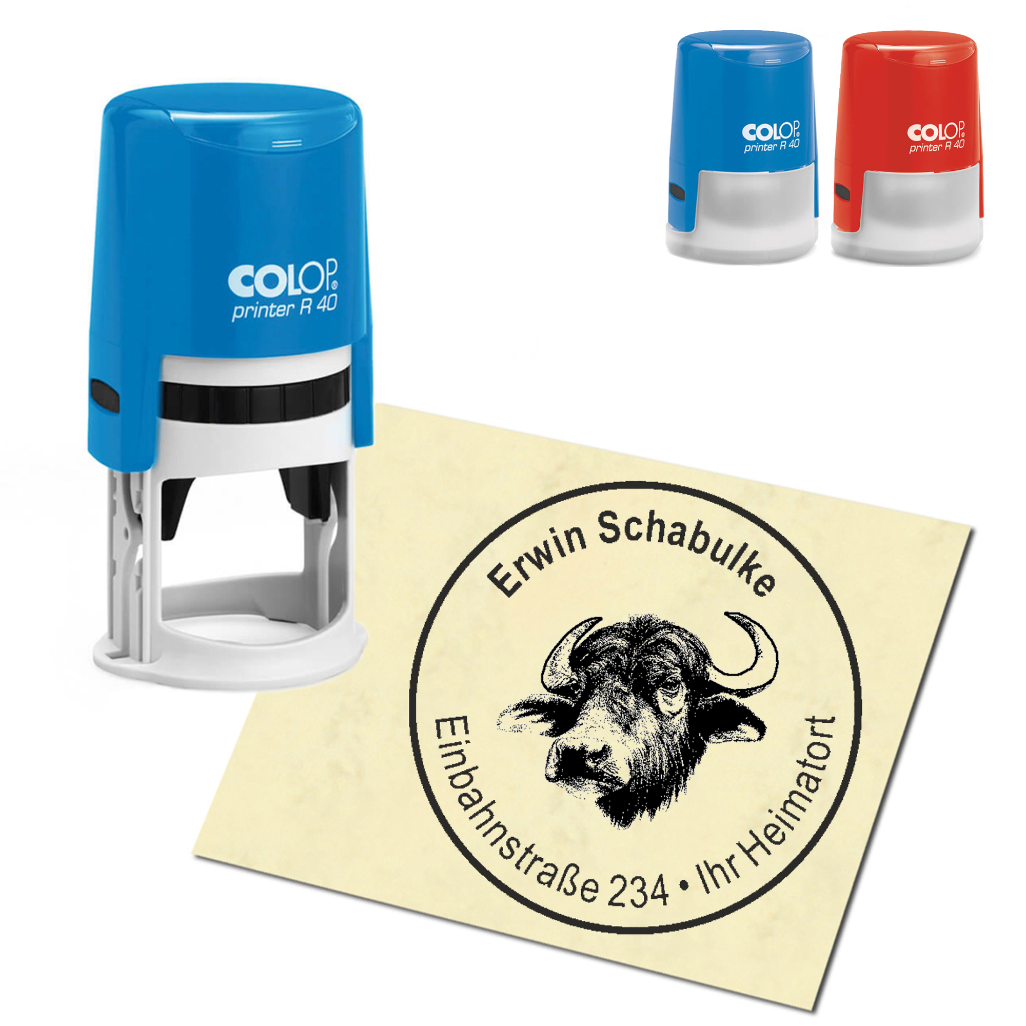 Stempel Adressstempel personalisiert - Wasserbüffel Kopf - rund &empty; 40mm