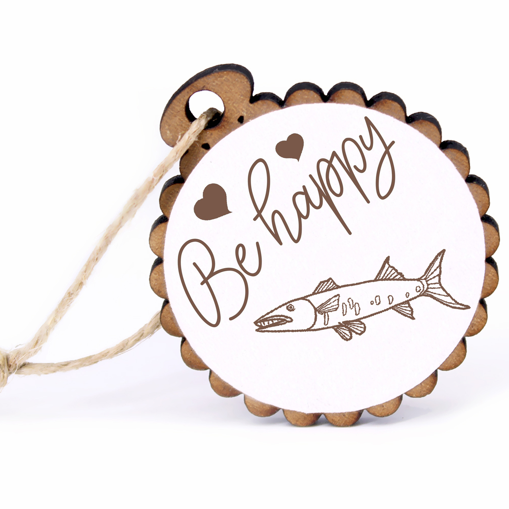 Geschenkanhänger - Be Happy Barakuda -  Holz Ø-5cm - mit Juteband