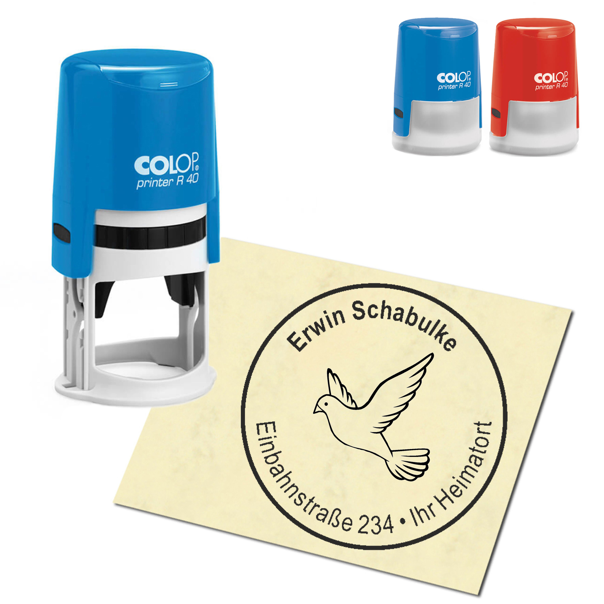 Stempel Adressstempel personalisiert - fliegende Taube - rund &empty; 40mm
