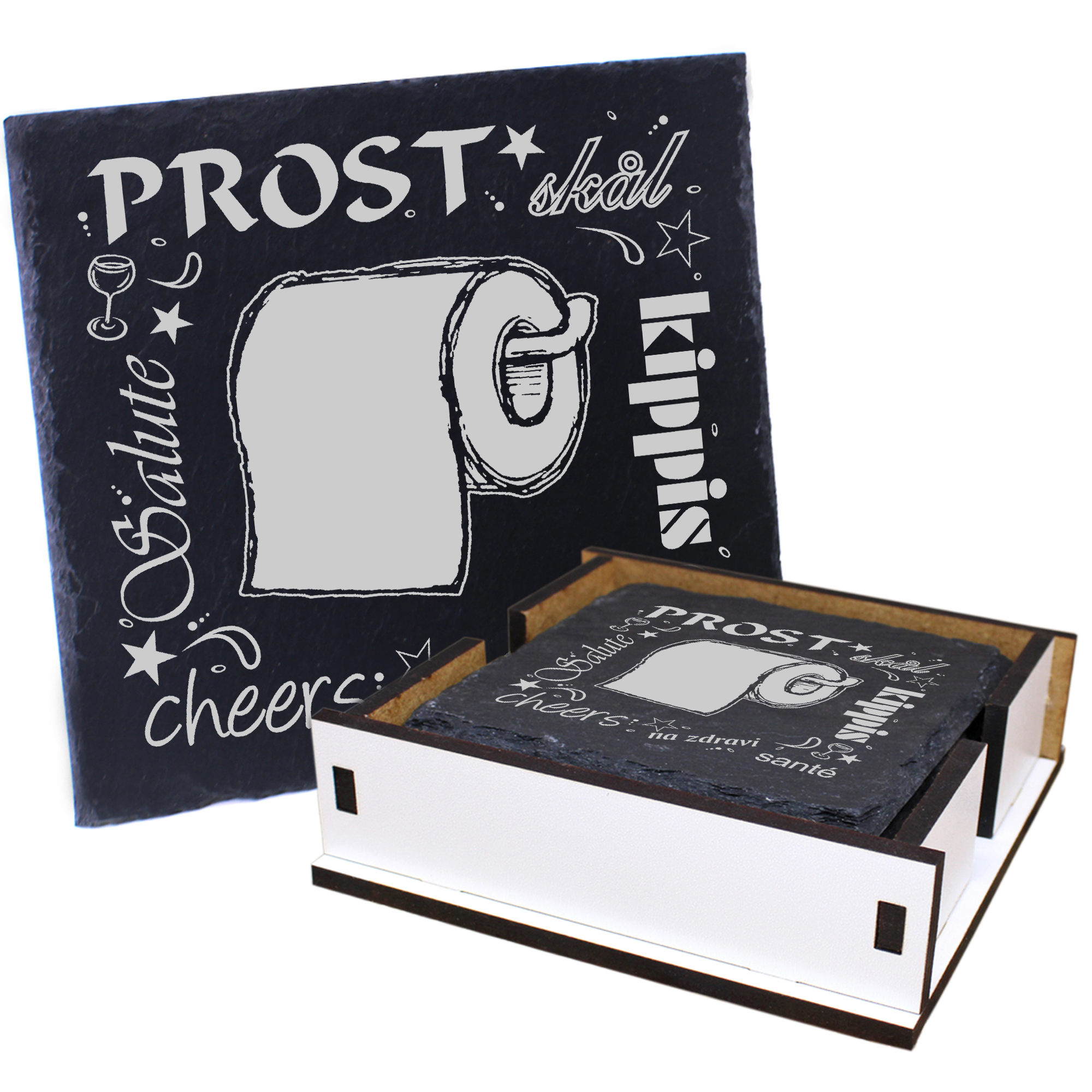 5 x Schiefer Untersetzer - Prost Klopapier - inkl. Holzbox & Flaschenuntersetzer