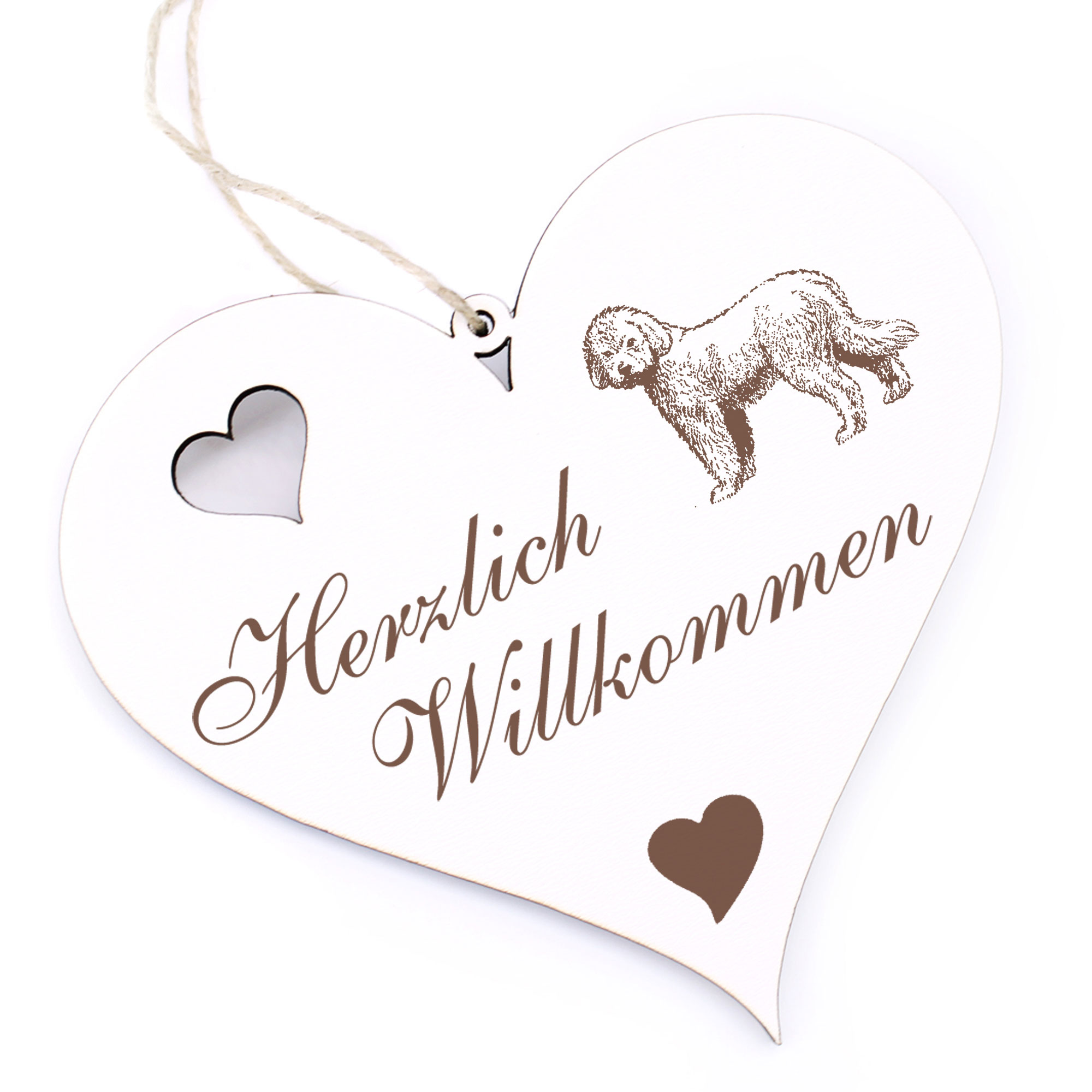 Herzlich Willkommen Schild - Komondor - Deko Herz Holz