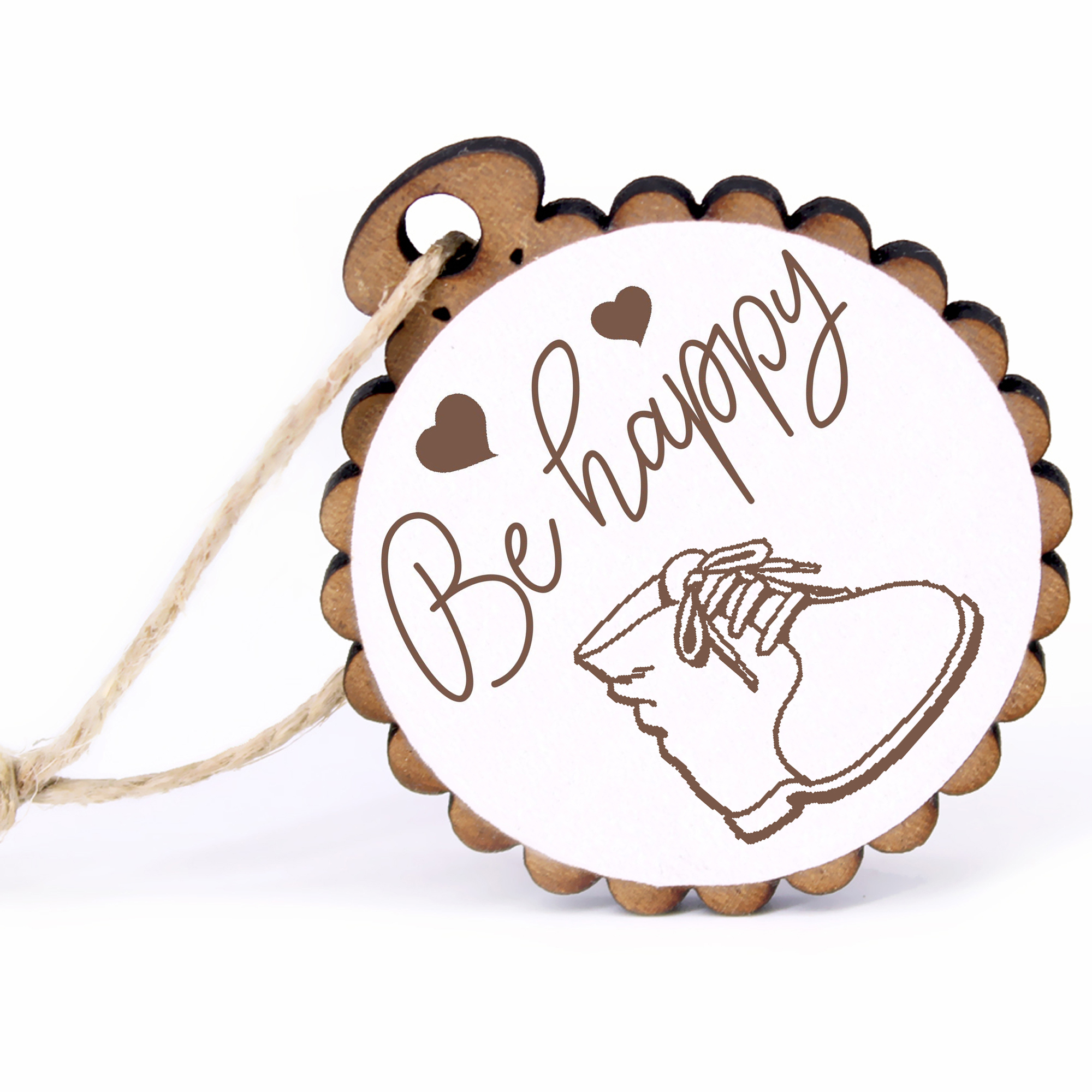 Geschenkanhänger - Be Happy Schuh -  Holz Ø-5cm - mit Juteband