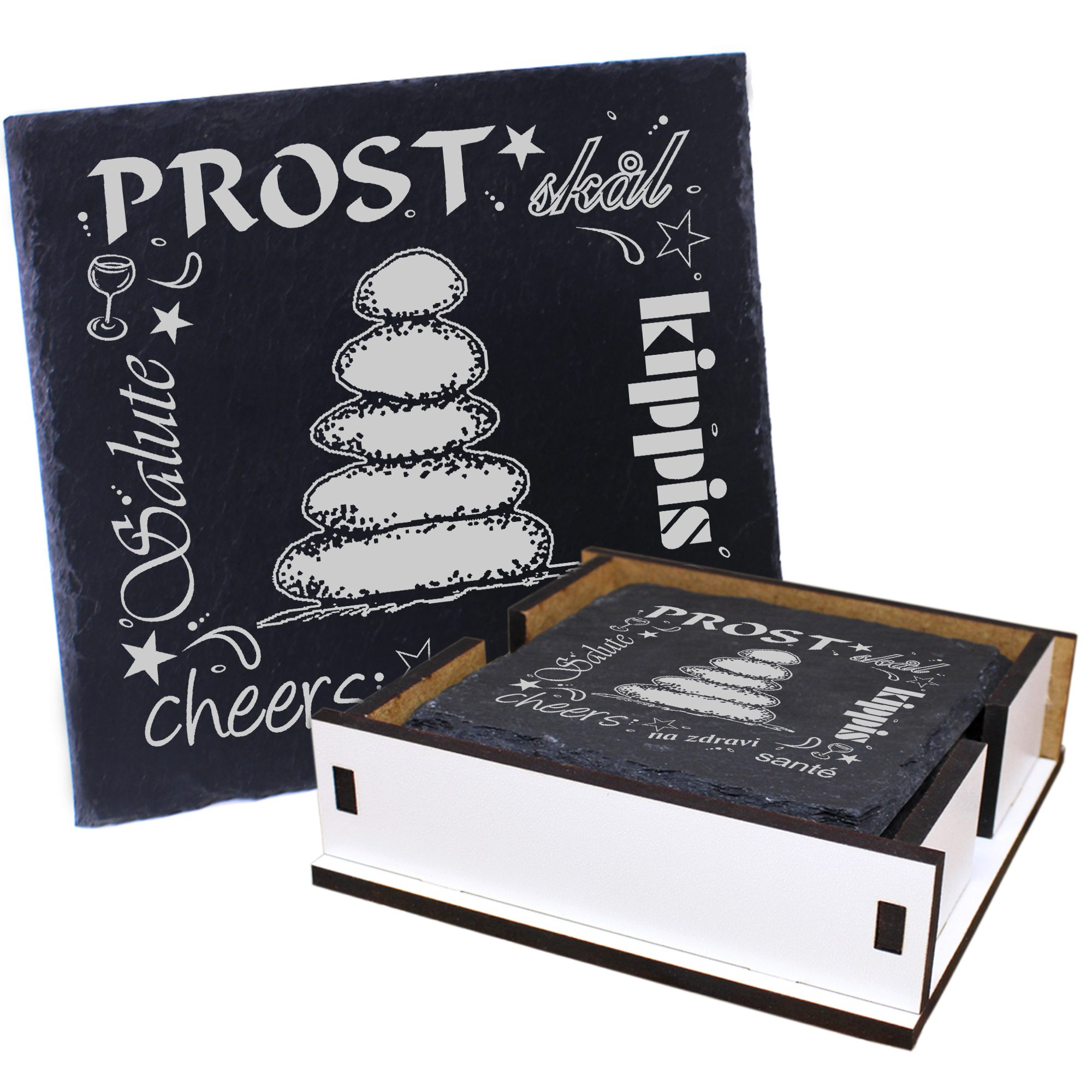 5 x Schiefer Untersetzer - Prost Steinmännchen - inkl. Holzbox & Flaschenuntersetzer