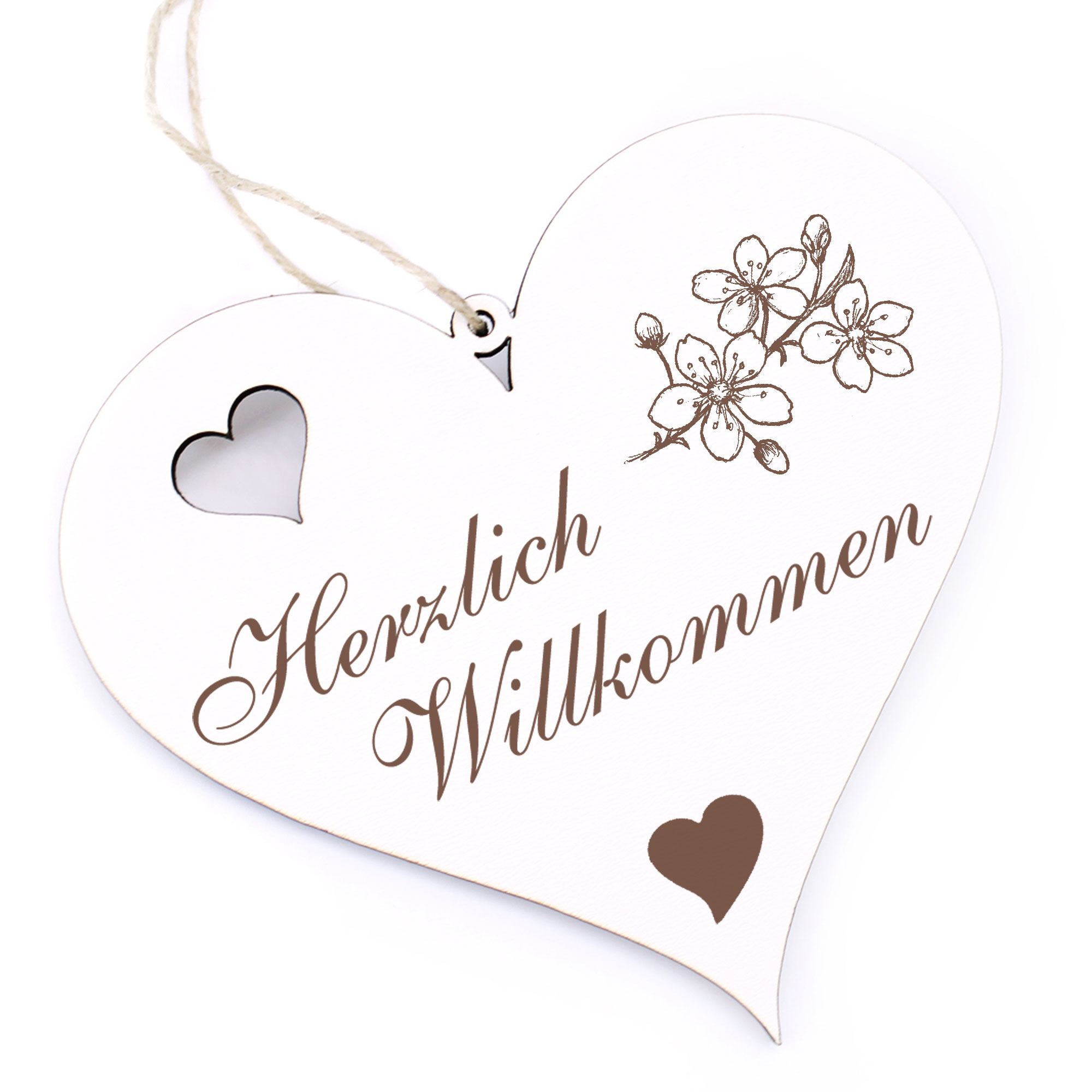 Herzlich Willkommen Schild - Zweig mit Kirschblüten - Deko Herz Holz