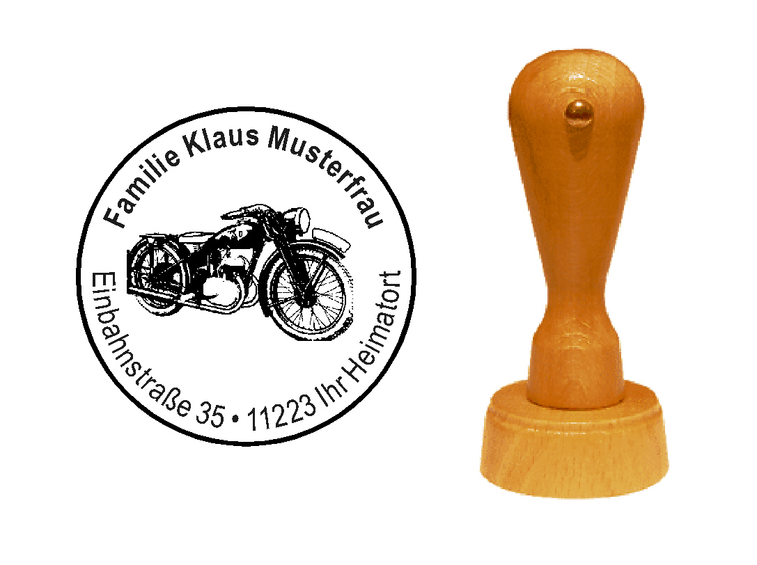 « Motorrad 1 » Holzstempel mit persönlichem Wunschtext