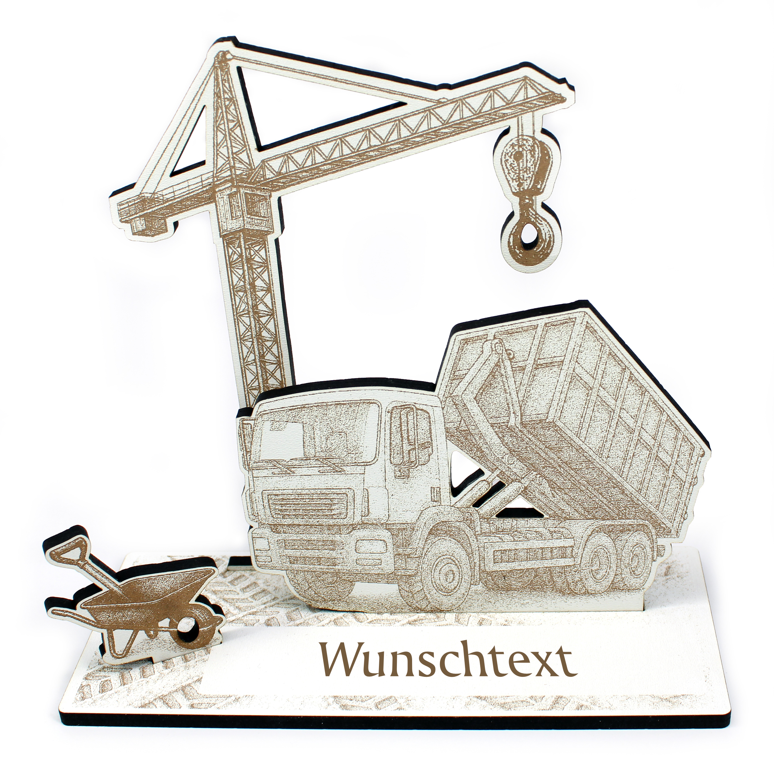Geldgeschenk Aufsteller „LKW-Kipperfahrer“ – Dekoaufsteller mit LKW-Kipper, Kran & Schubkarre –  18×19×8 cm