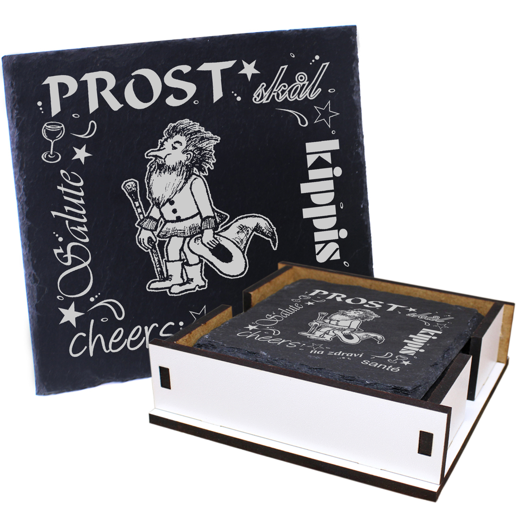 5 x Schiefer Untersetzer - Prost Zwerg - inkl. Holzbox & Flaschenuntersetzer