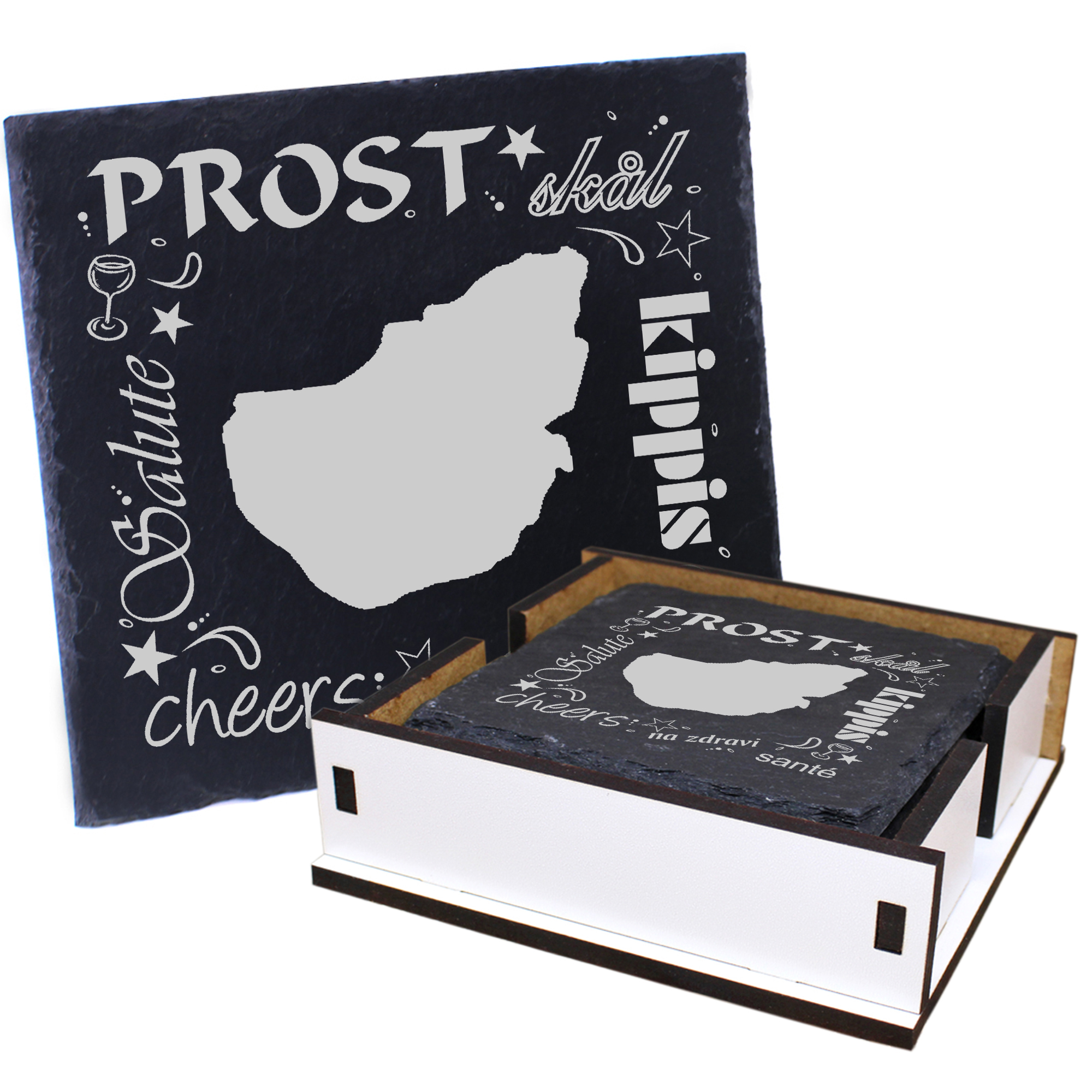 5 x Schiefer Untersetzer - Prost Insel Pellworm - inkl. Holzbox & Flaschenuntersetzer